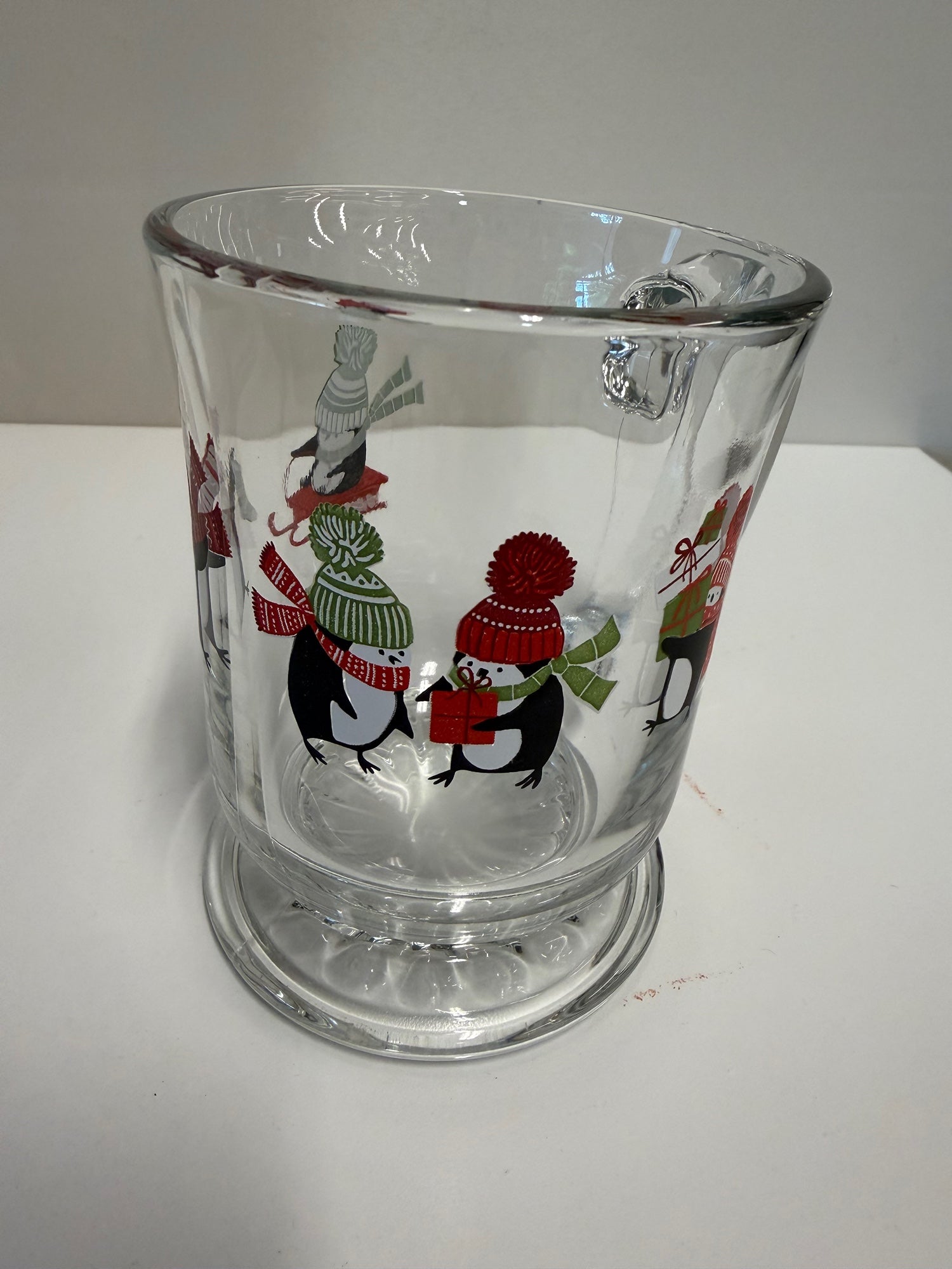 Festive Penguin Holiday Glass Mug with Footed Base