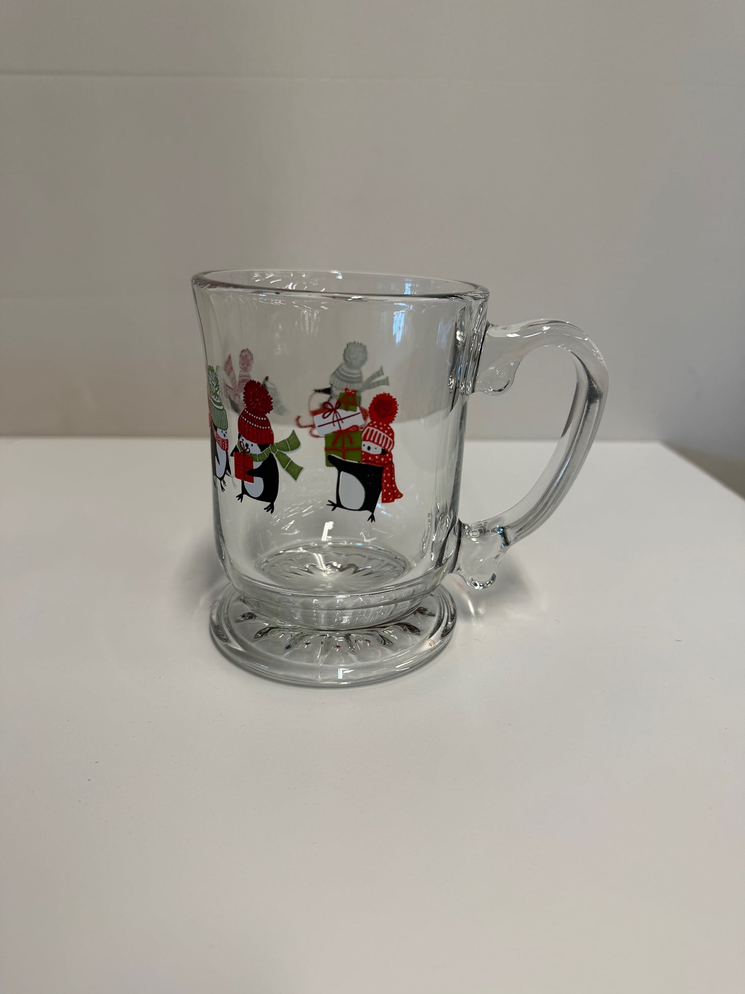 Festive Penguin Holiday Glass Mug with Footed Base