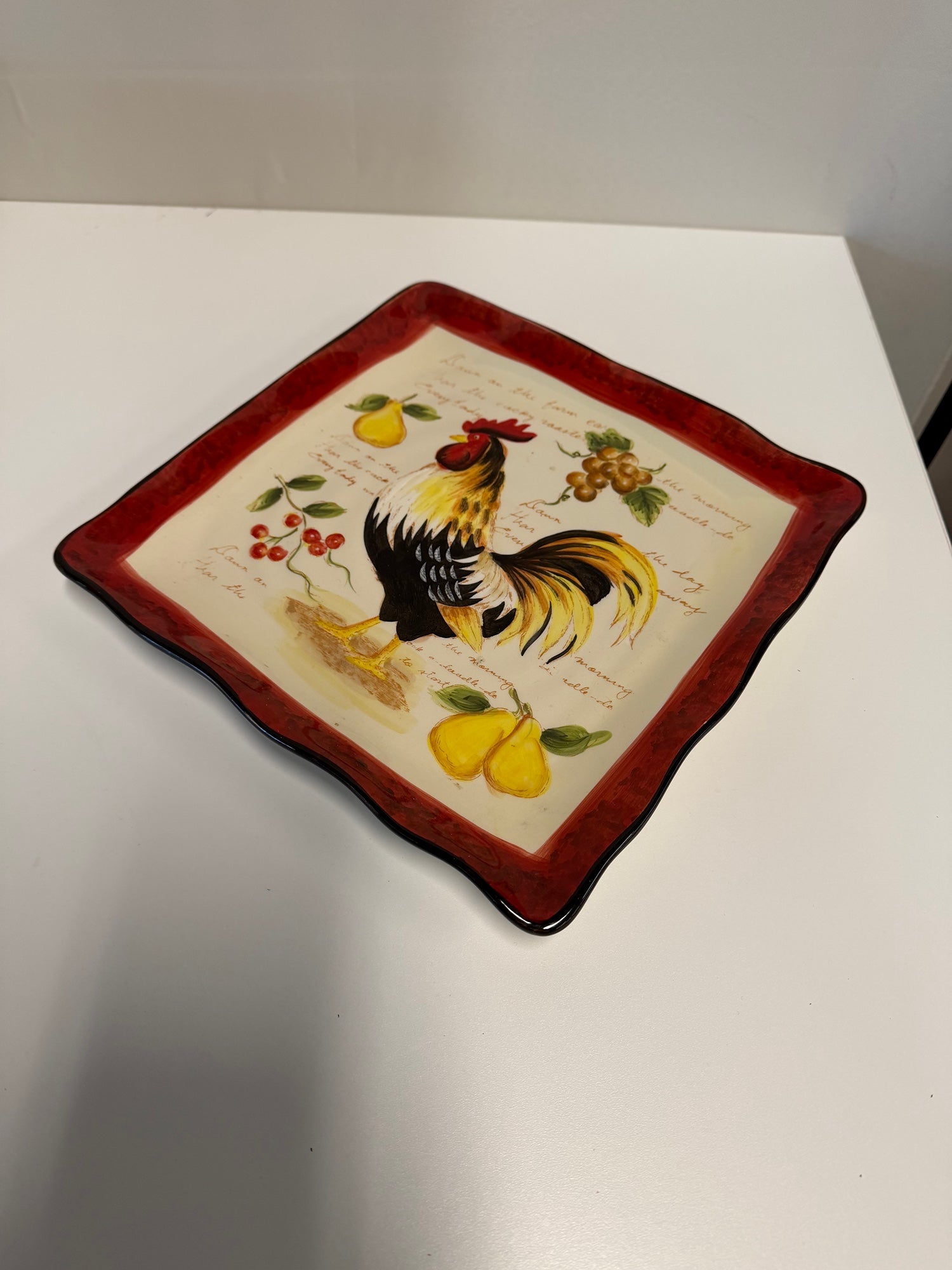 Fruity Rooster Farmhouse Square Ceramic Plate with Rooster & Fruit Motif