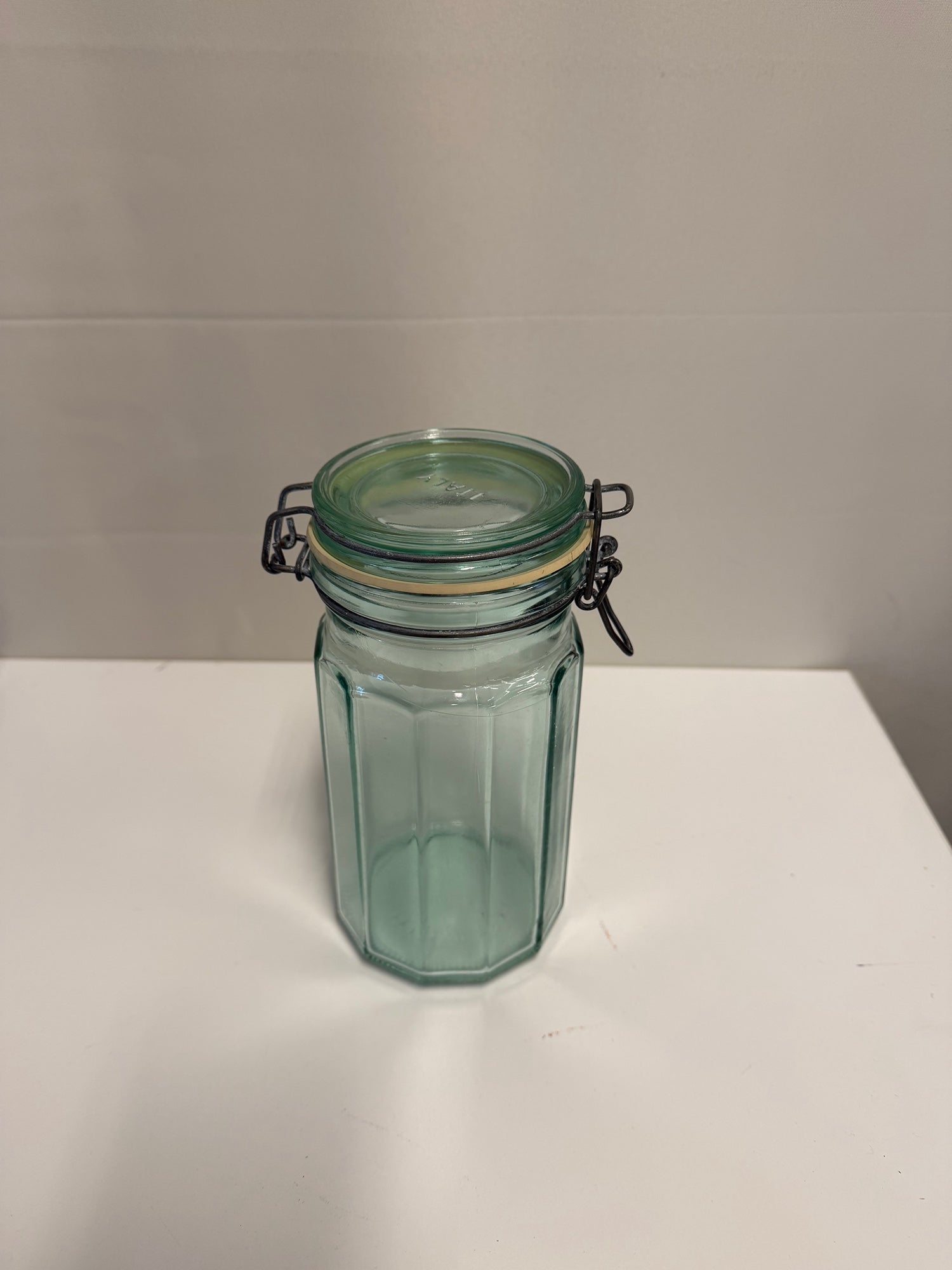 Italian Octagonal Teal Glass Jar with Wire Bail Lid