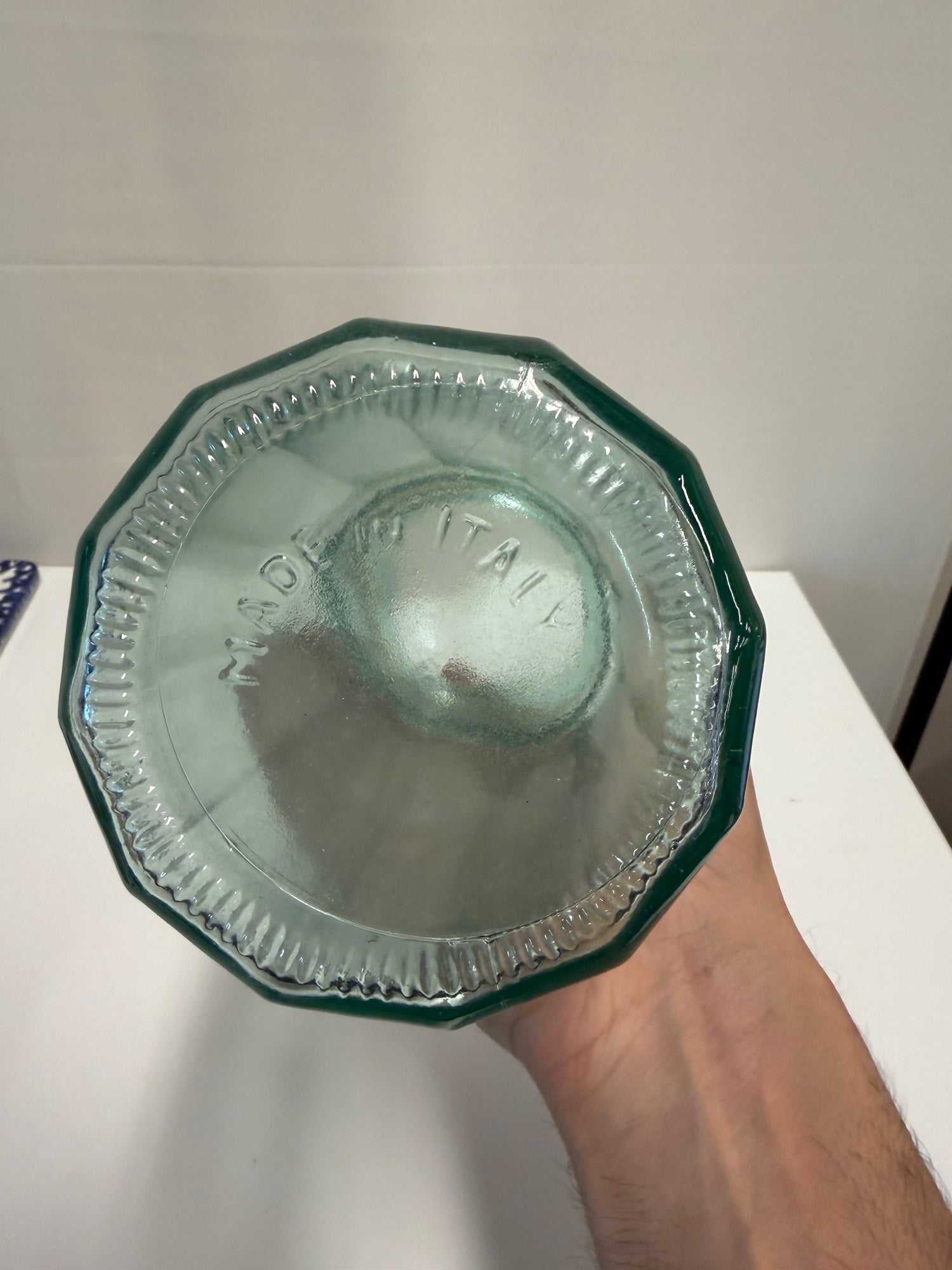Italian Octagonal Teal Glass Jar with Wire Bail Lid