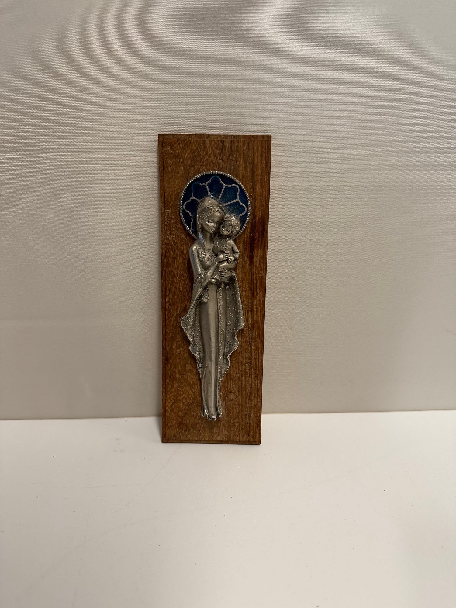 Vintage Mother and Child Silver Tone Metal Sculpture on Wood Plaque -  Made in Italy