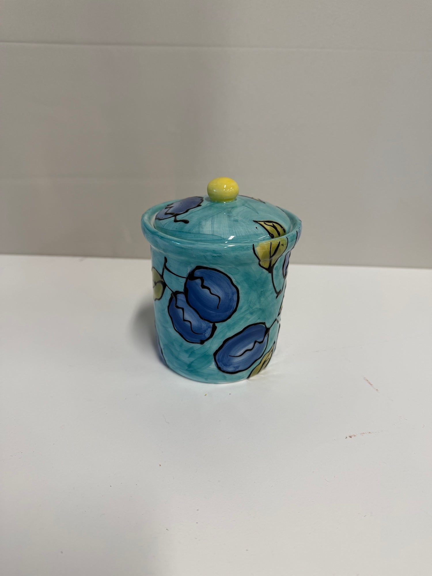 Small Lillian Vernon Hand-Painted Ceramic Canister with Lid, Fruit Motif