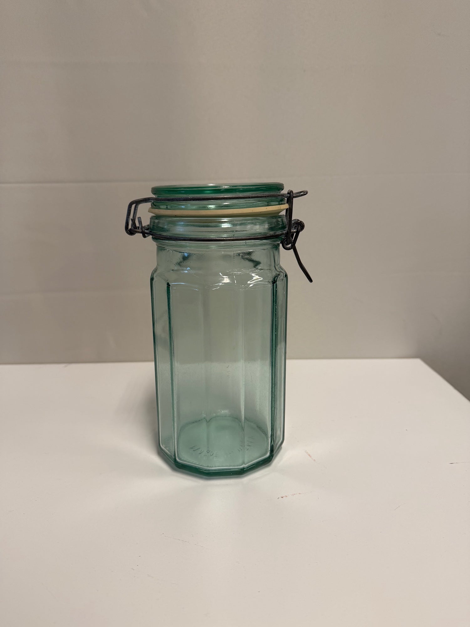 Italian Octagonal Teal Glass Jar with Wire Bail Lid