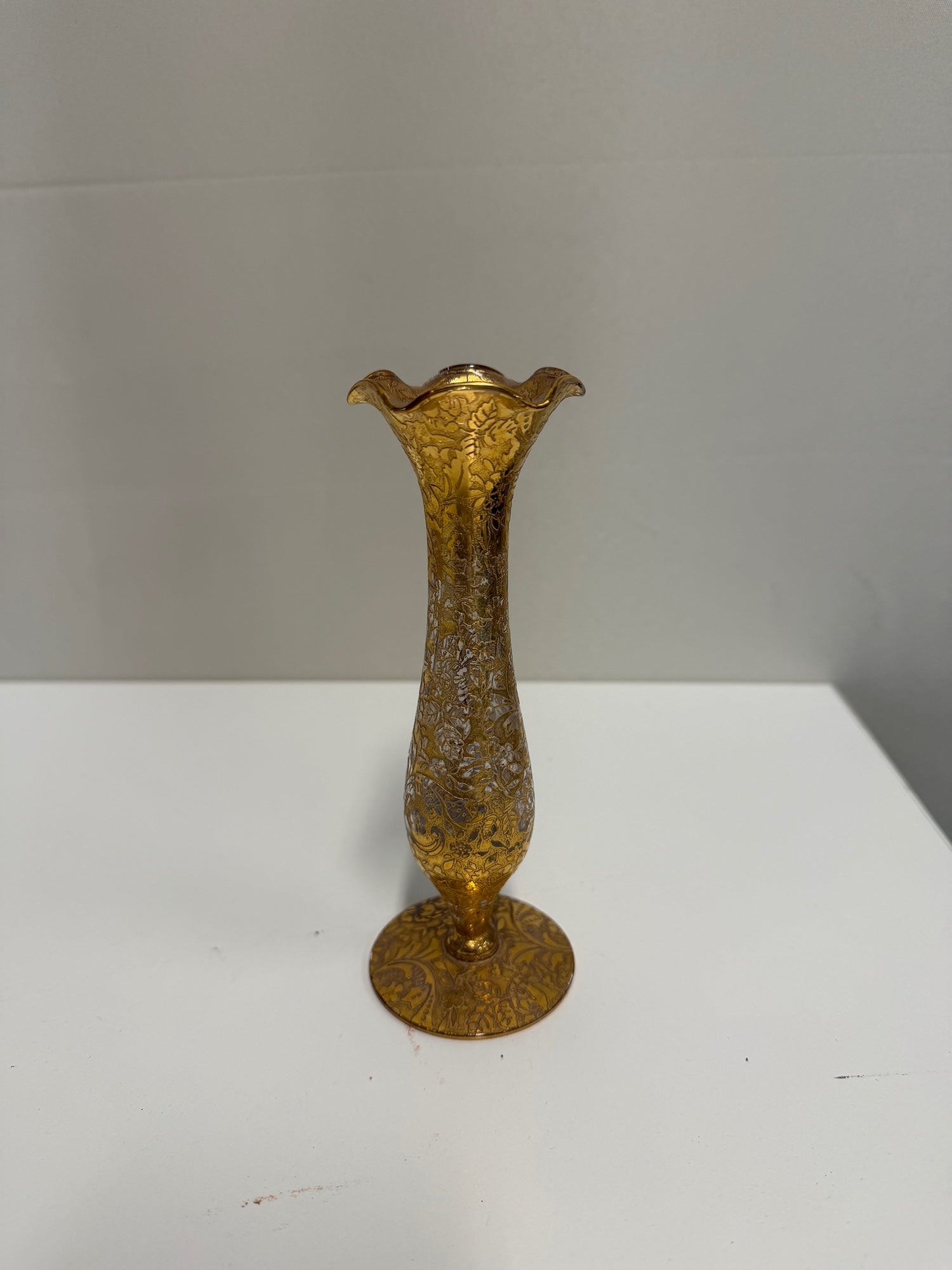 Ornate Gilded Glass Bud Vase with Silver Scrollwork