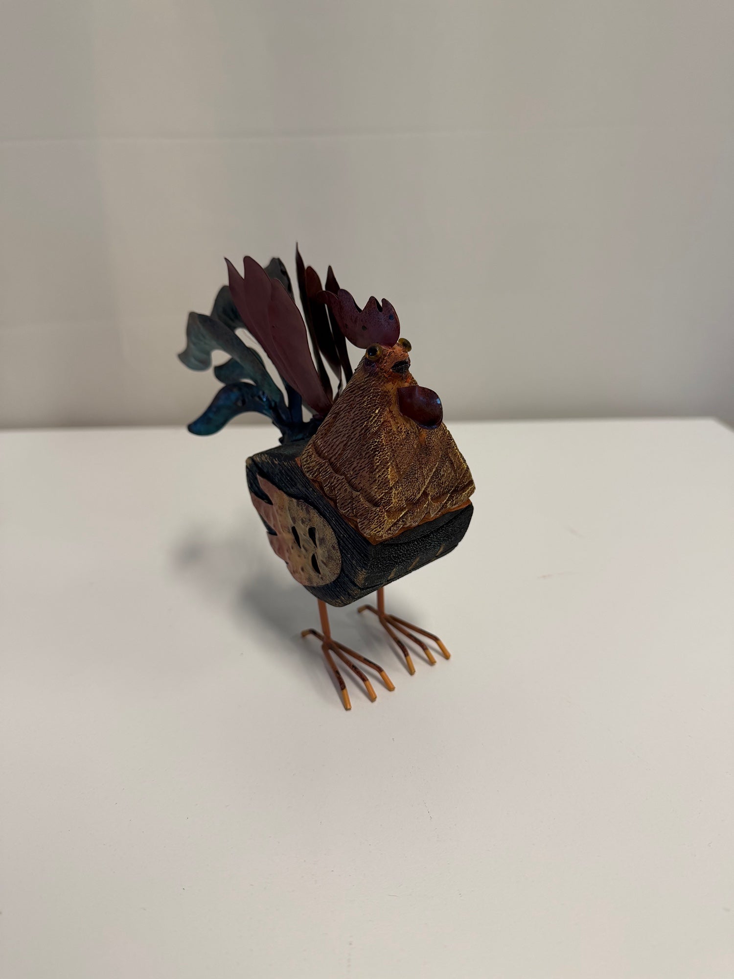 Rustic Metal and Mixed Material Rooster Figurine Decor