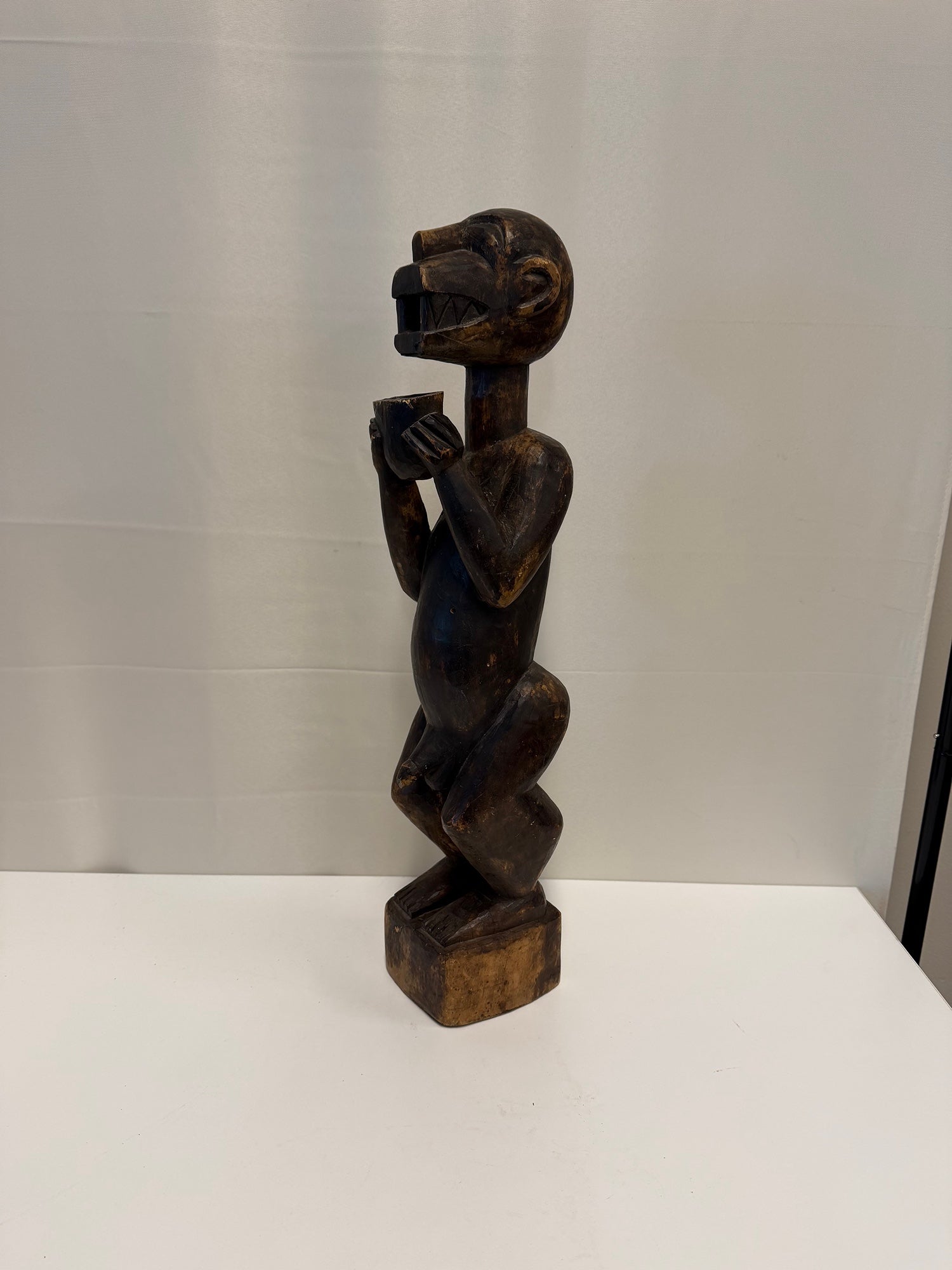 Antique African Hand-Carved African Fang Statue with Bowl
