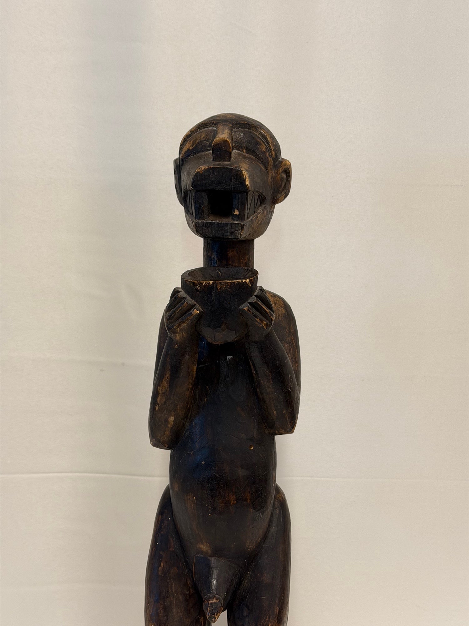 Antique African Hand-Carved African Fang Statue with Bowl