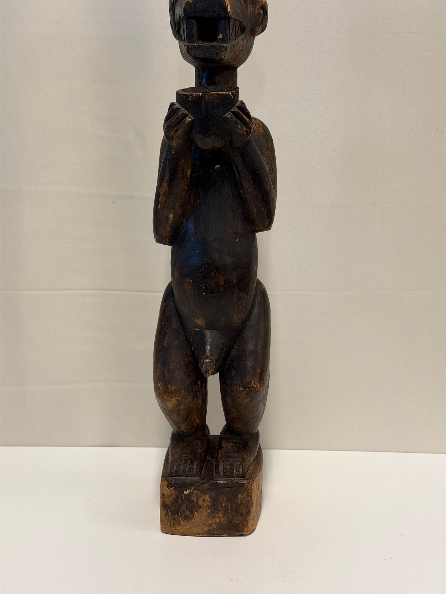 Antique African Hand-Carved African Fang Statue with Bowl