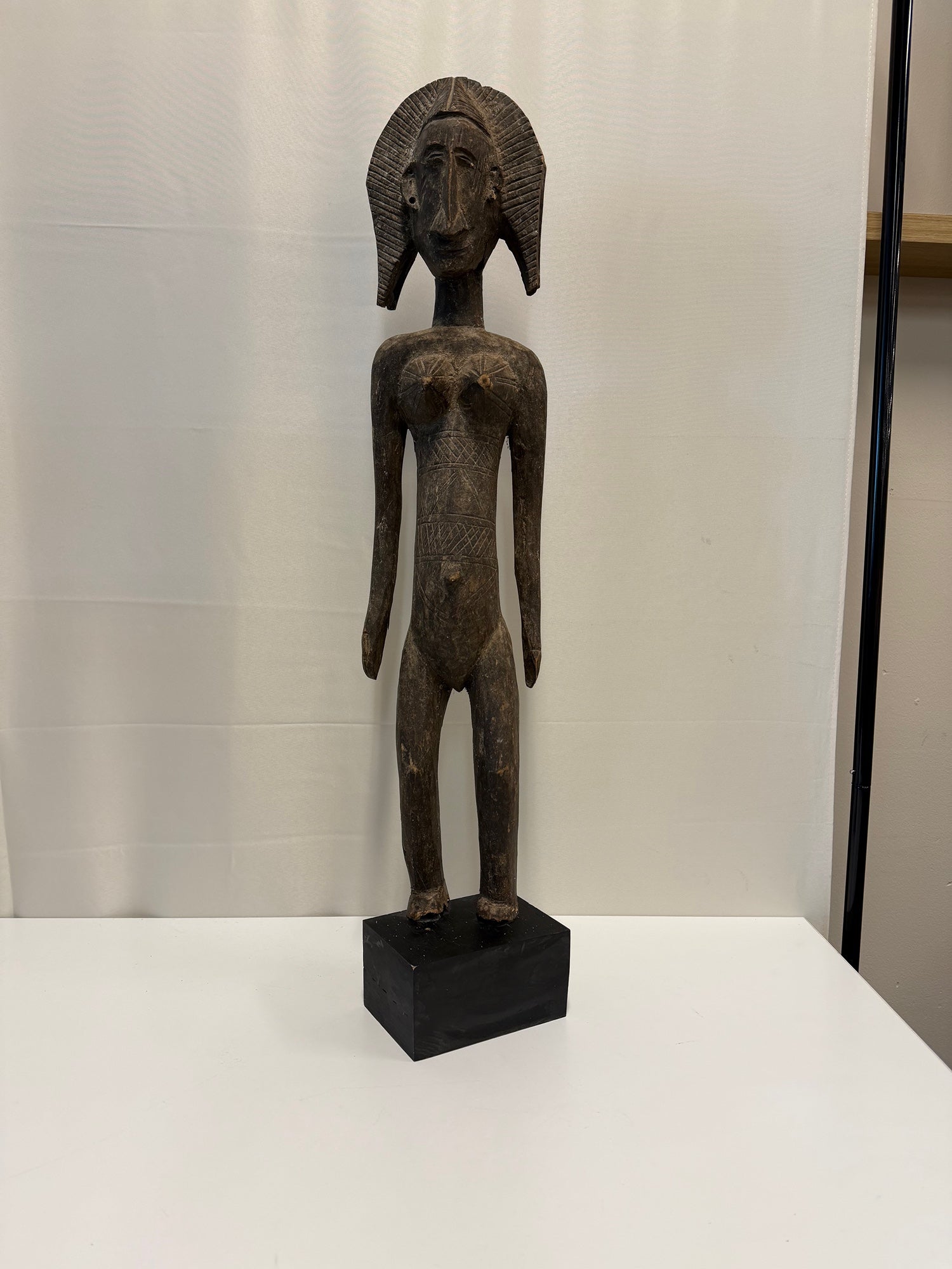 Hand Carved African Tall Bambara Standing Wooden Female Figure Sculpture
