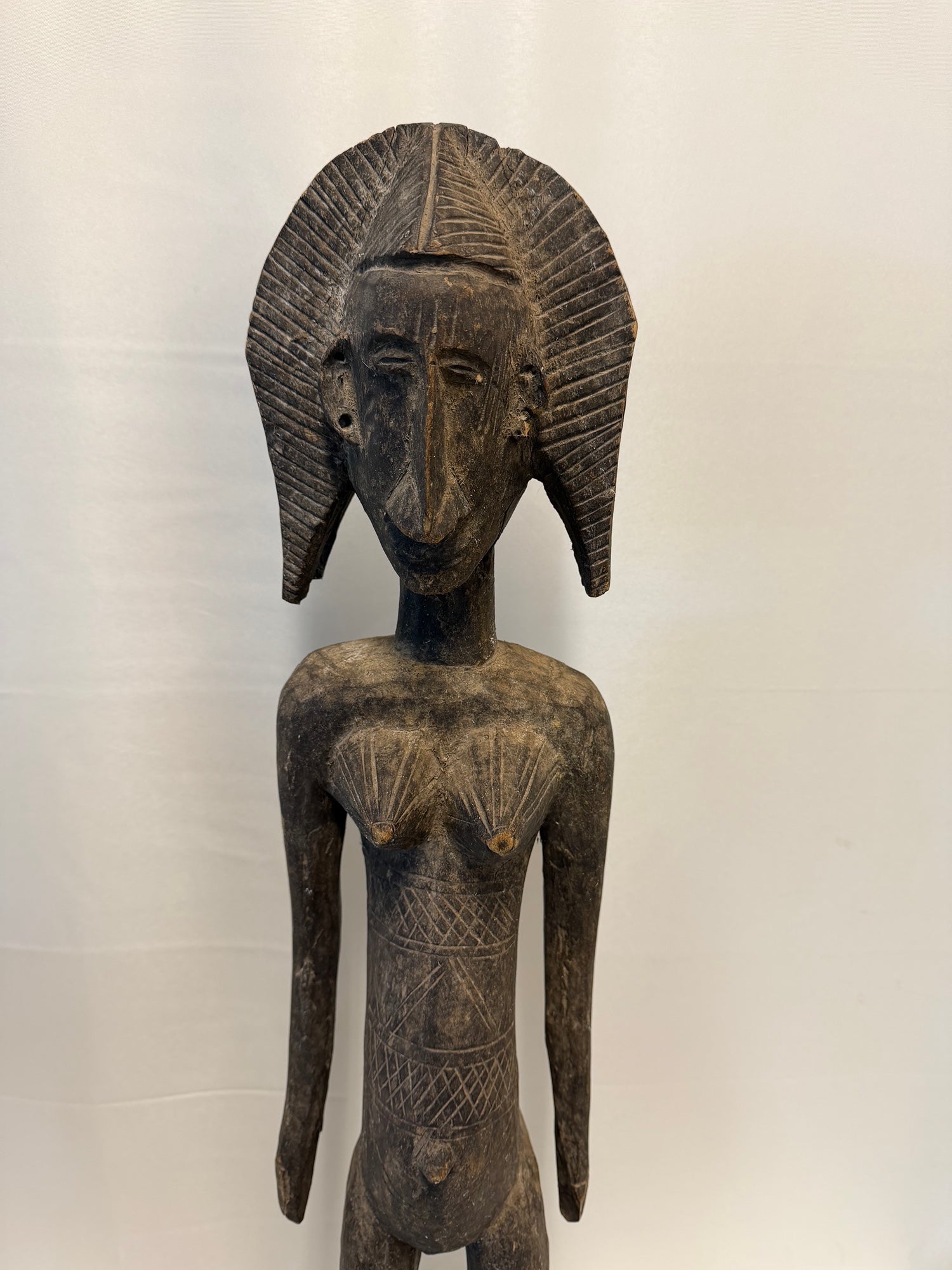 Hand Carved African Tall Bambara Standing Wooden Female Figure Sculpture