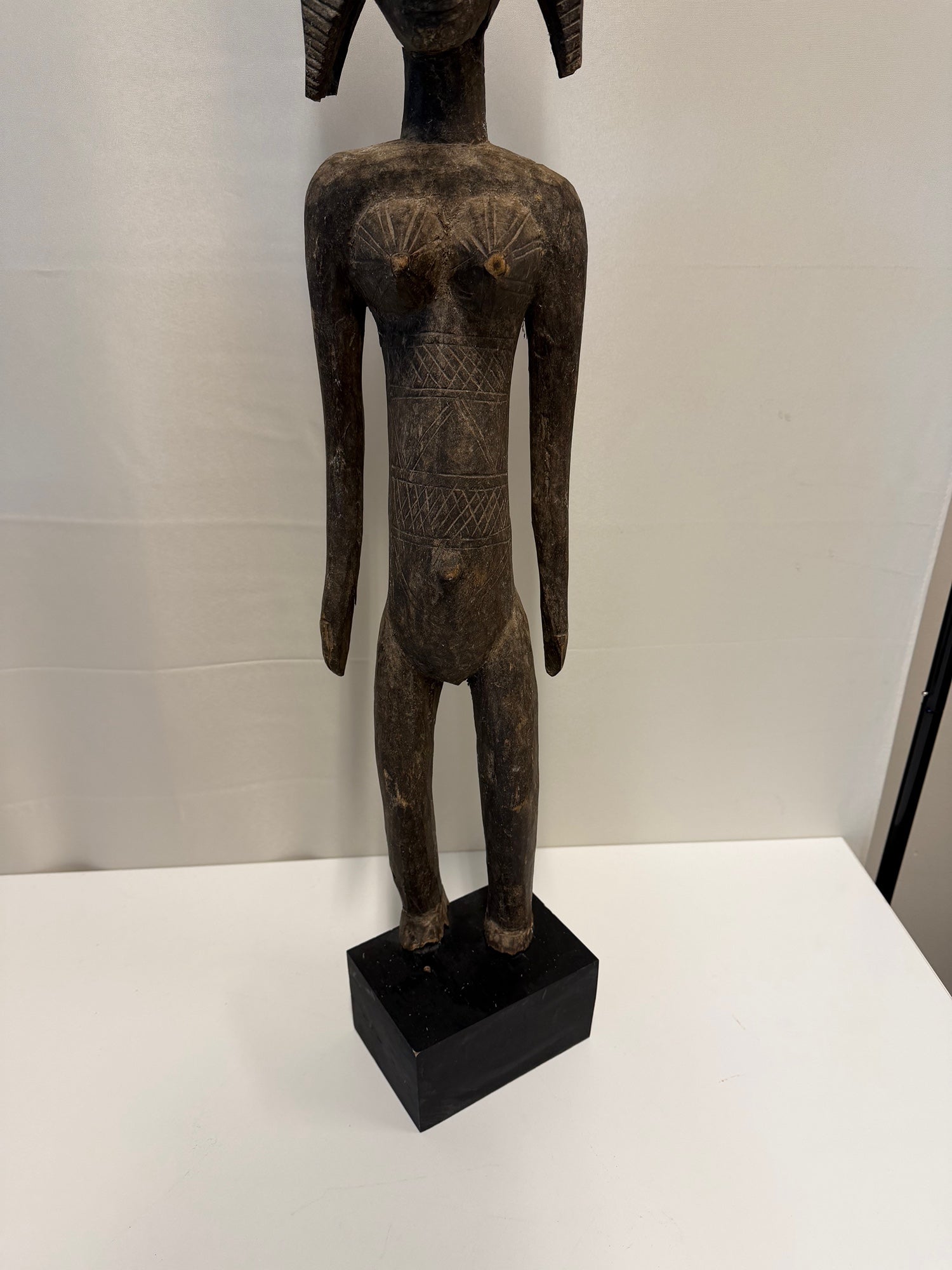 Hand Carved African Tall Bambara Standing Wooden Female Figure Sculpture
