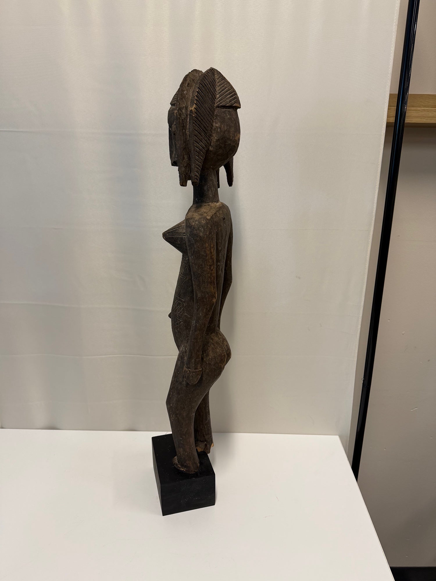 Hand Carved African Tall Bambara Standing Wooden Female Figure Sculpture