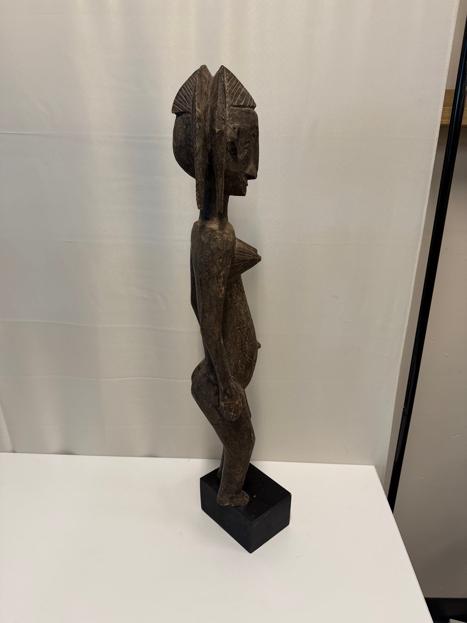 Hand Carved African Tall Bambara Standing Wooden Female Figure Sculpture