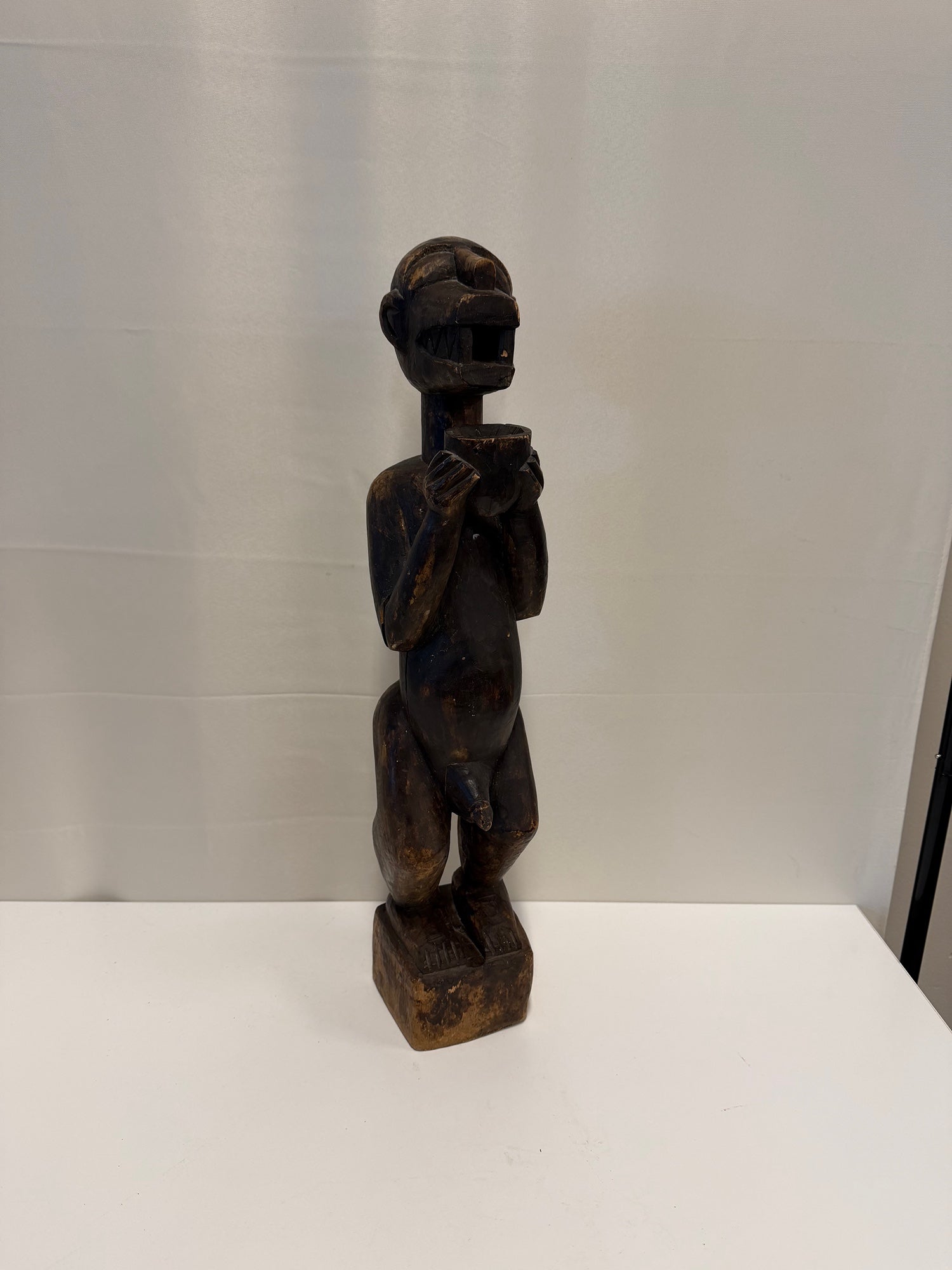 Antique African Hand-Carved African Fang Statue with Bowl