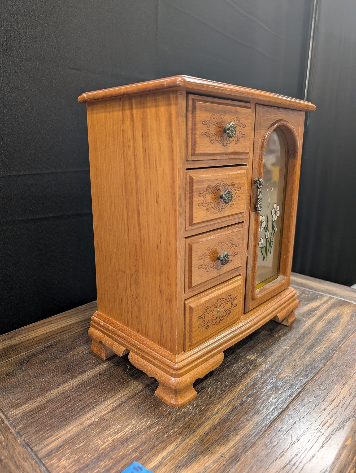 Vintage Wooden Jewelry Box with Floral Glass Door