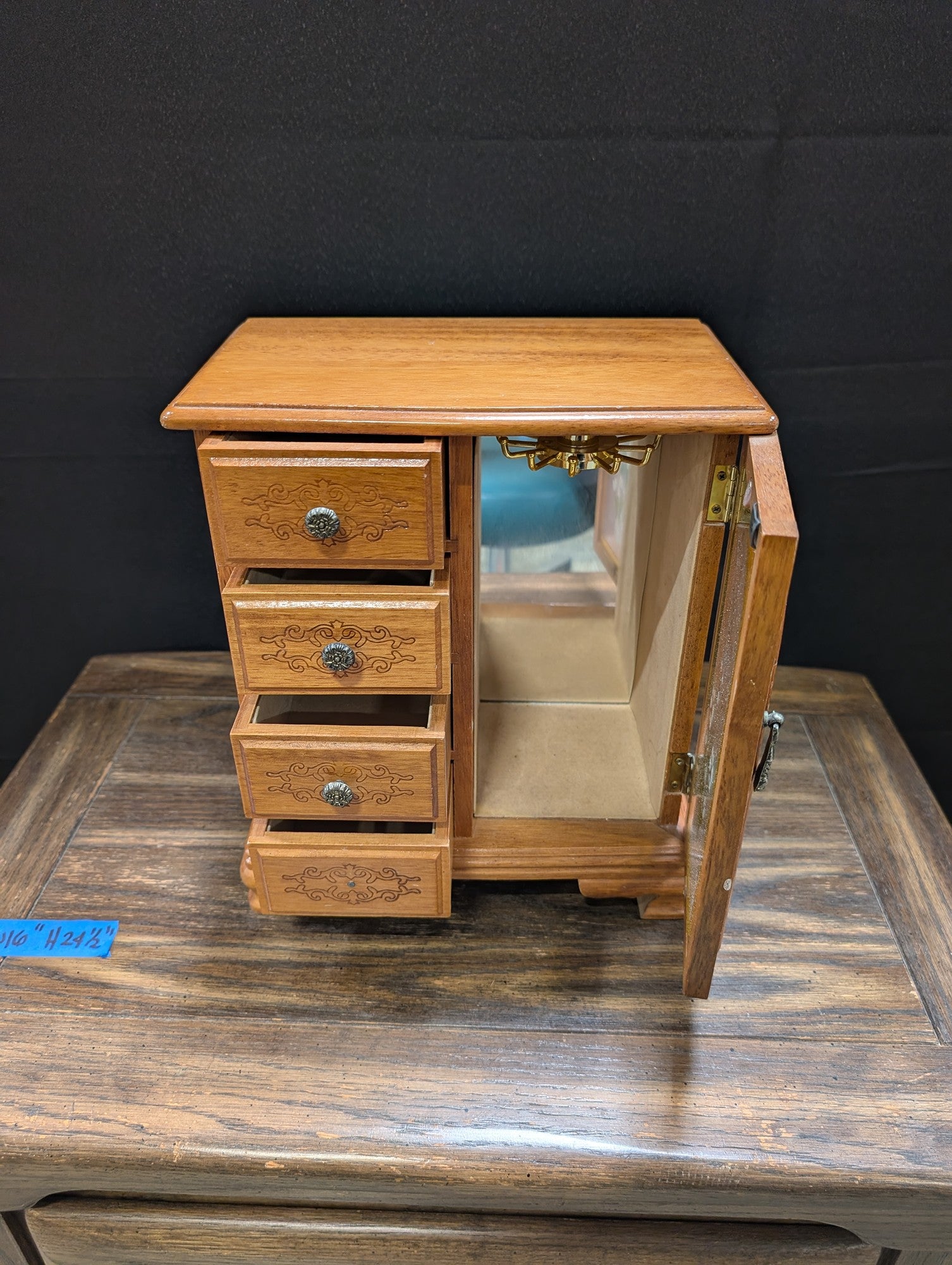 Vintage Wooden Jewelry Box with Floral Glass Door