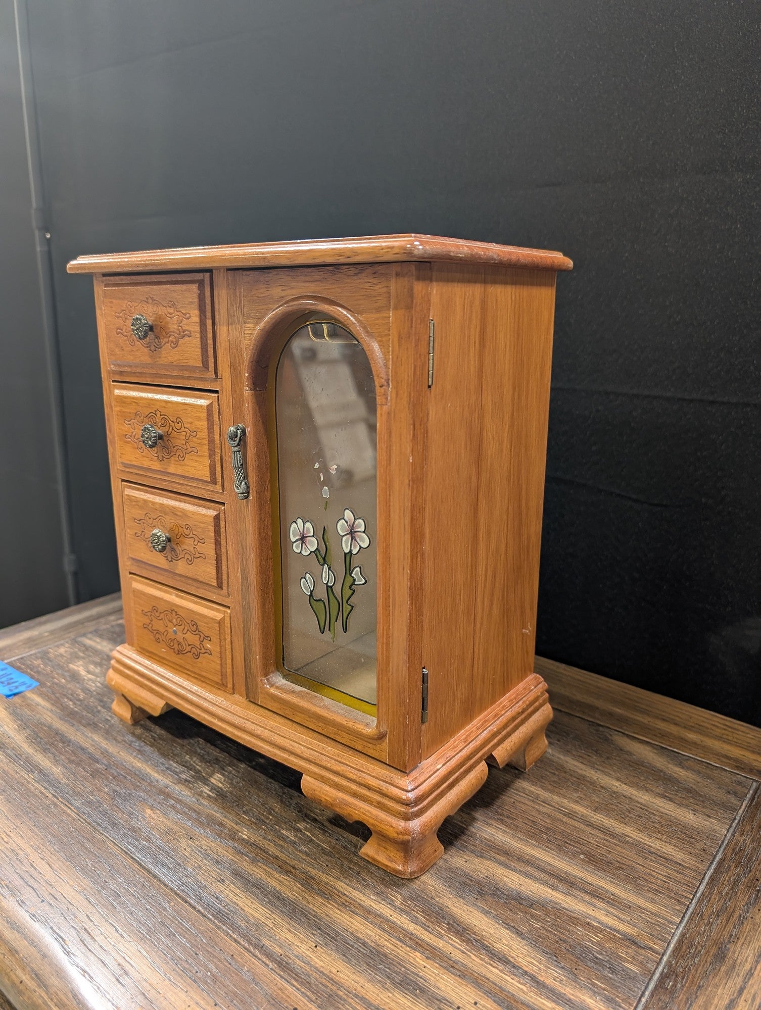 Vintage Wooden Jewelry Box with Floral Glass Door