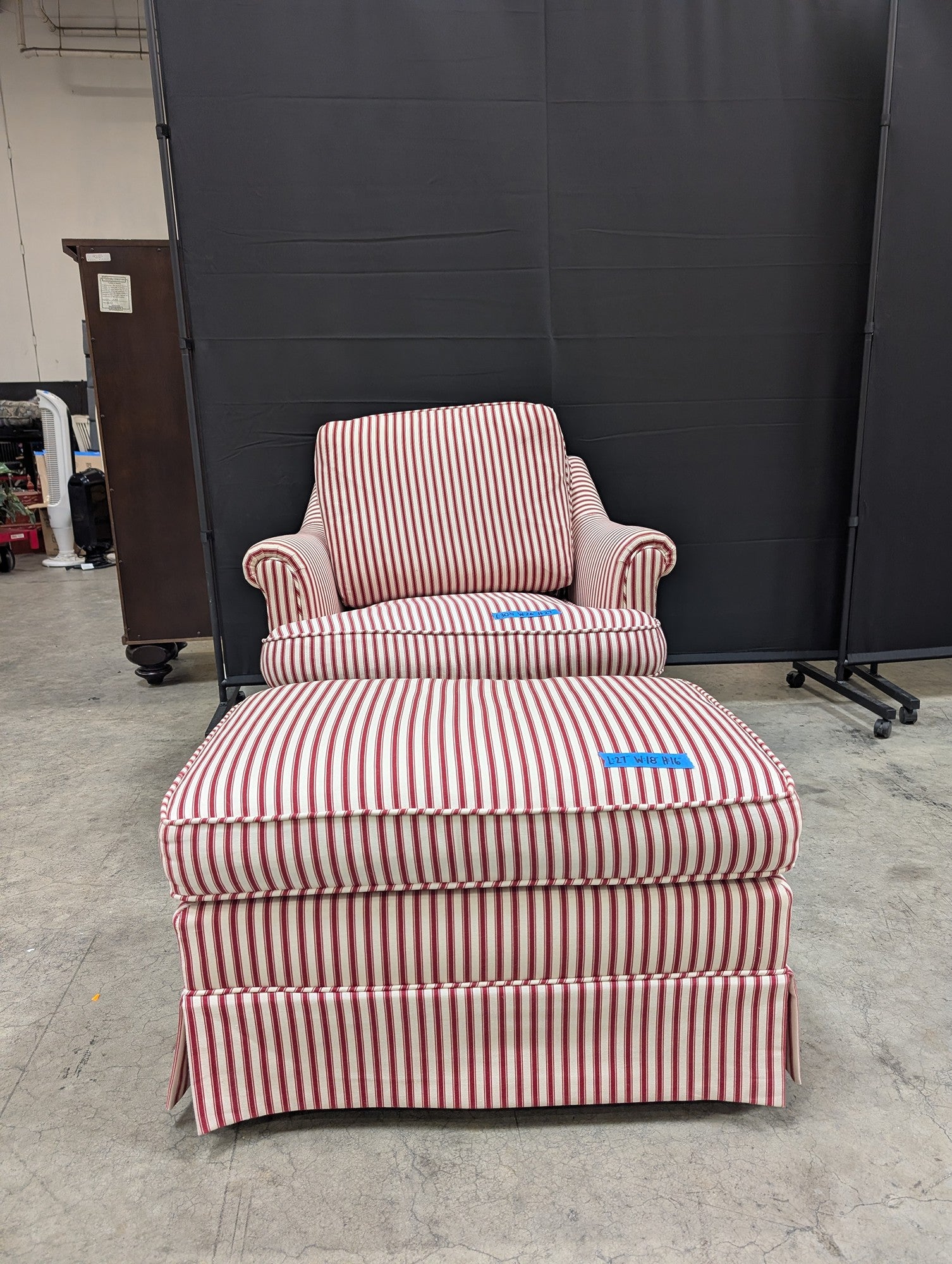 Red and White Striped Armchair with Ottoman