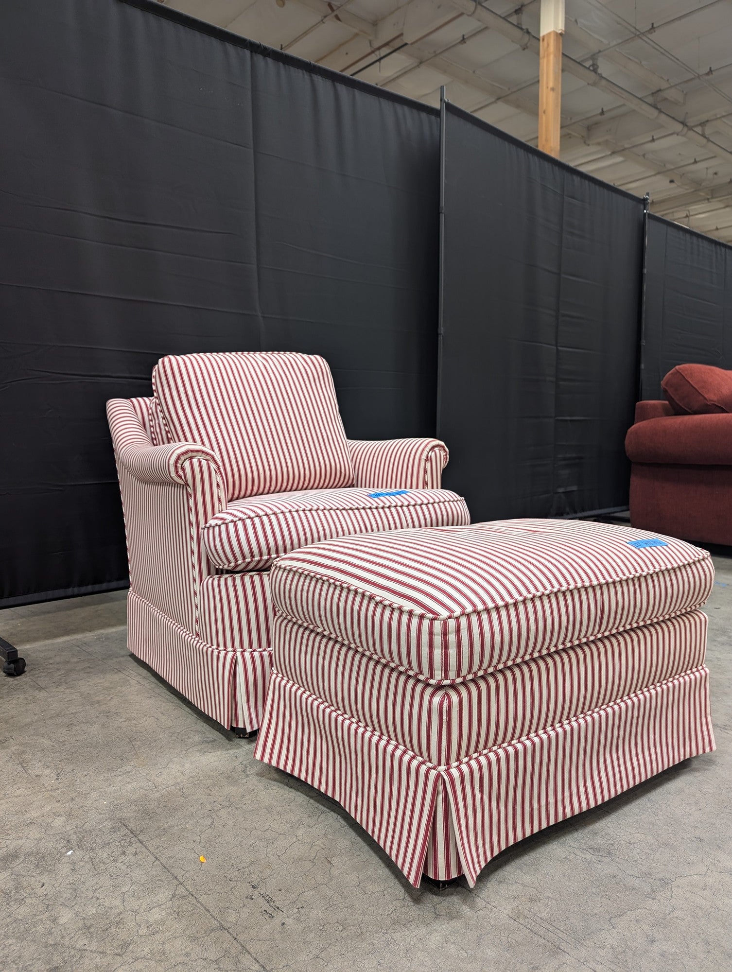 Red and White Striped Armchair with Ottoman