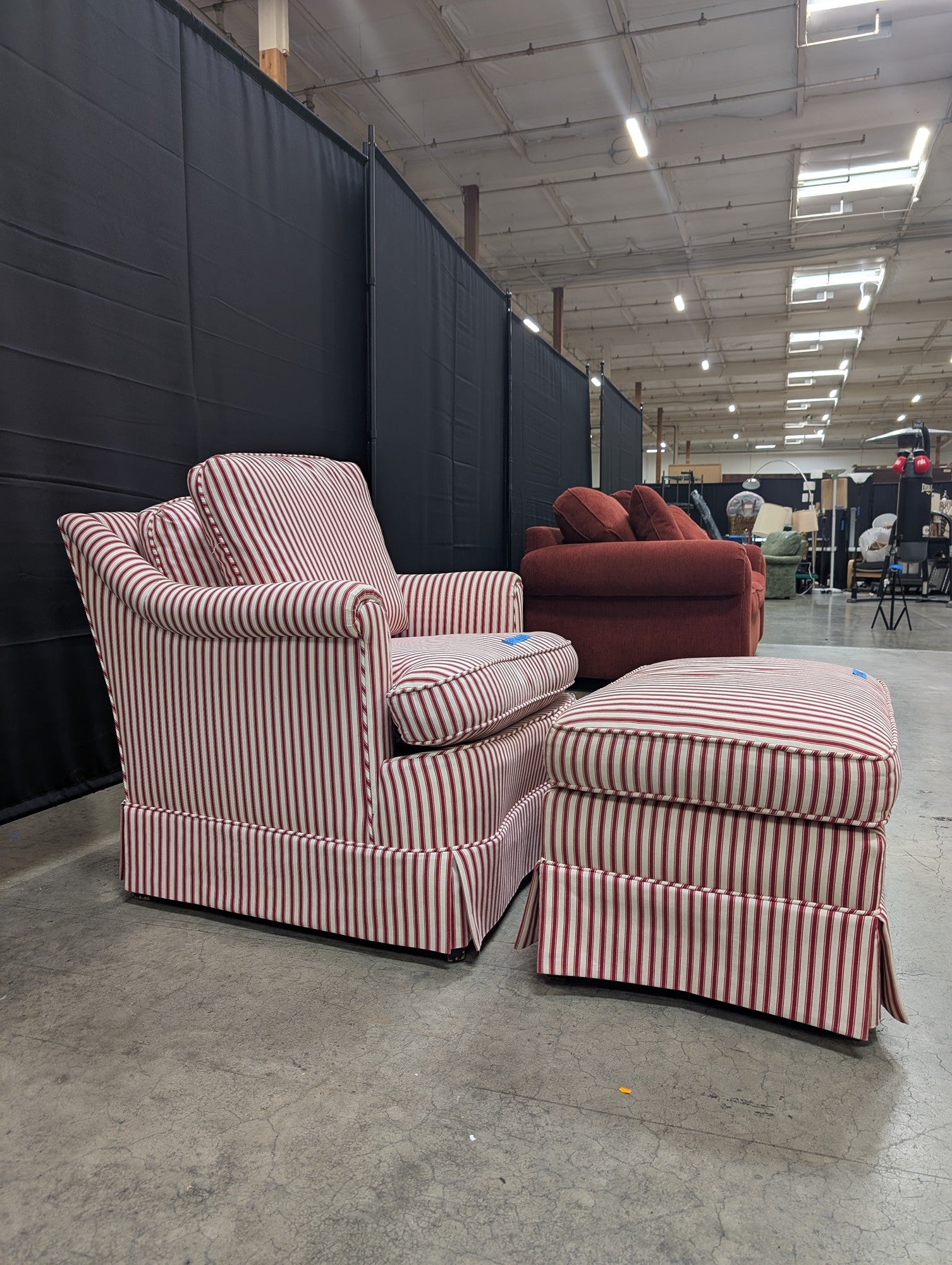 Red and White Striped Armchair with Ottoman