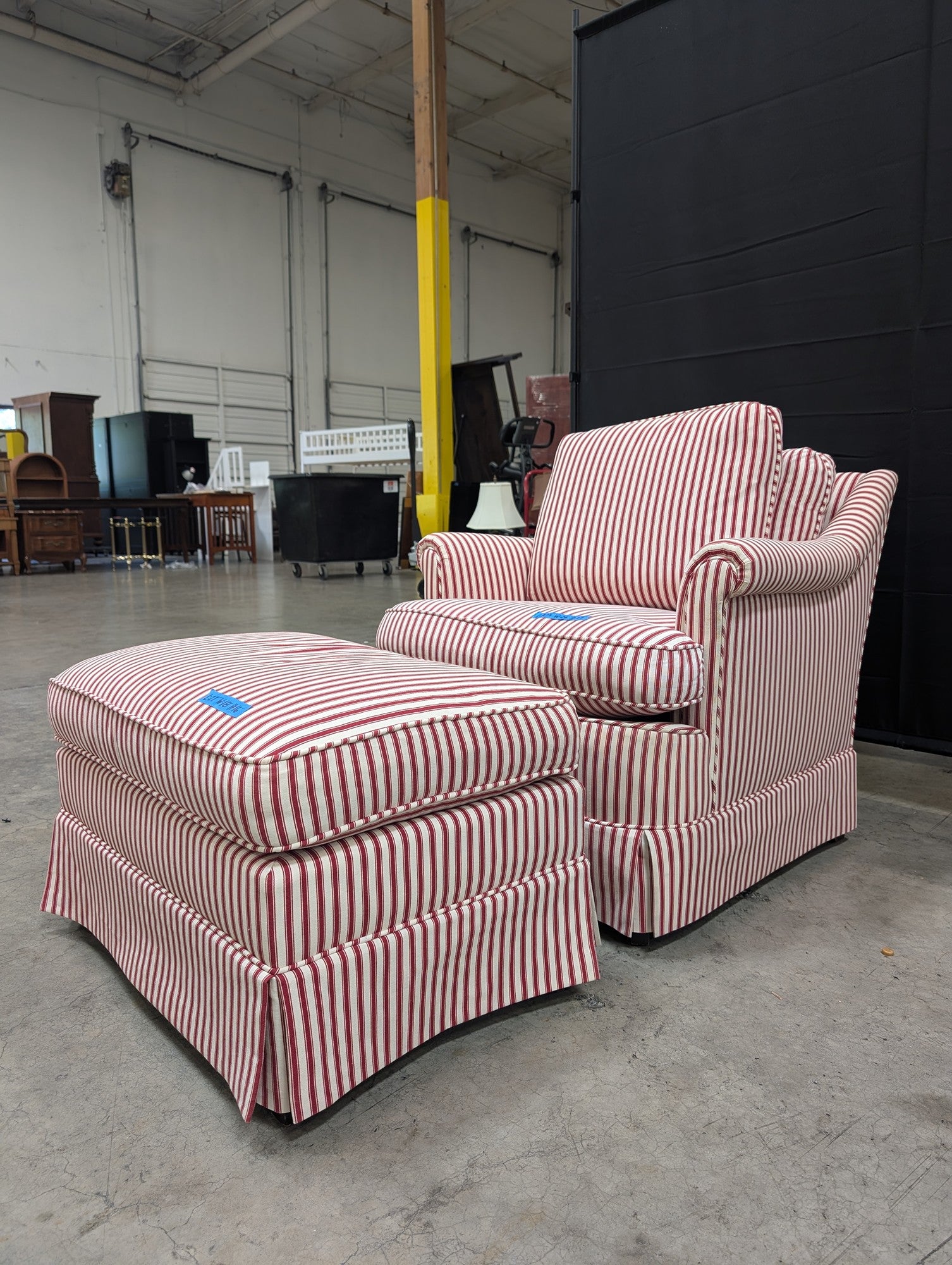 Red and White Striped Armchair with Ottoman