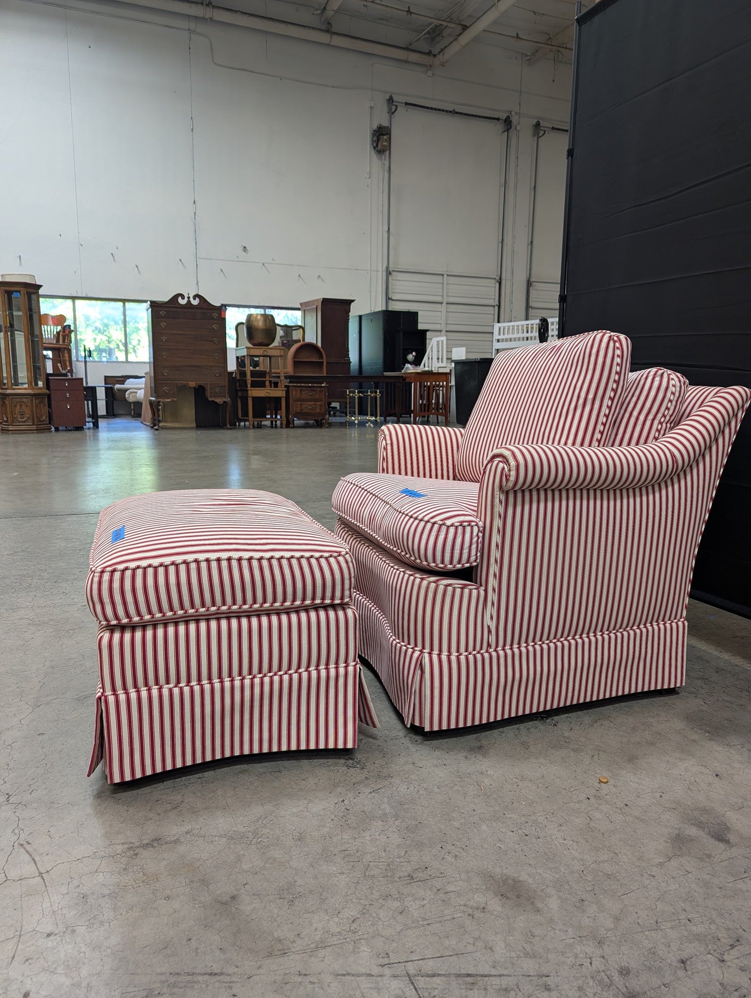 Red and White Striped Armchair with Ottoman