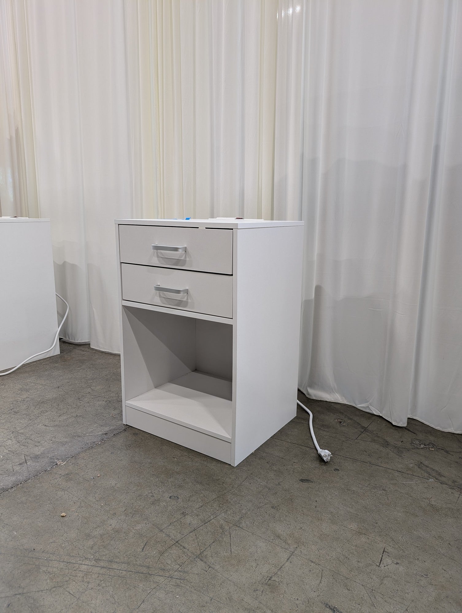 White Two-Drawer Nightstand with Integrated Power