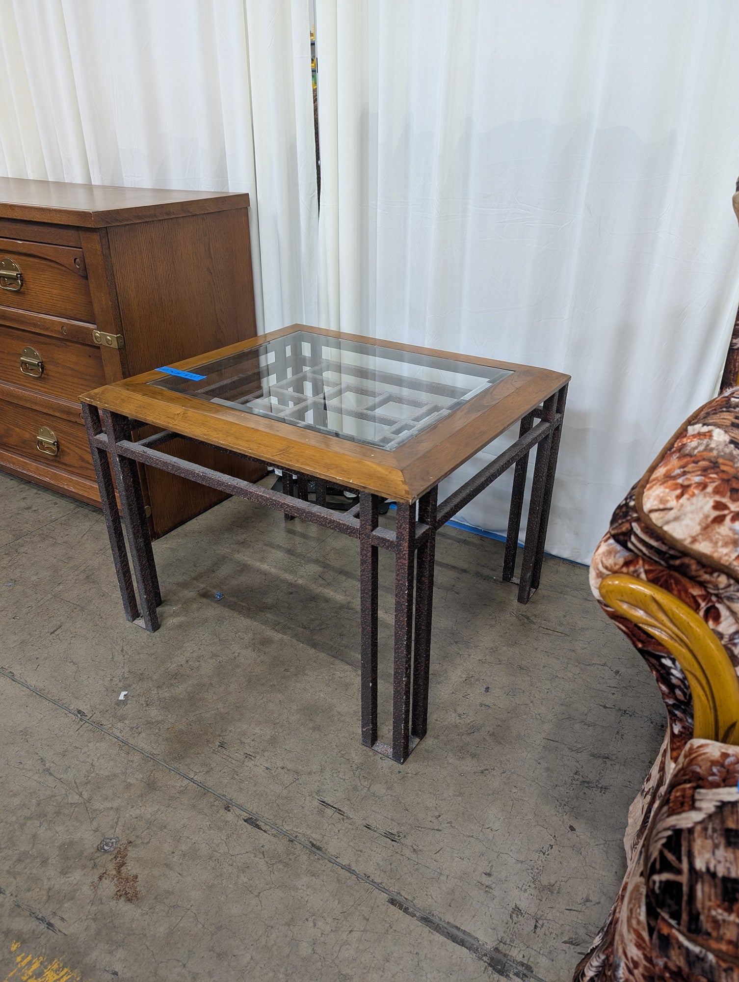 Square Wood and Metal End Table with Glass Top