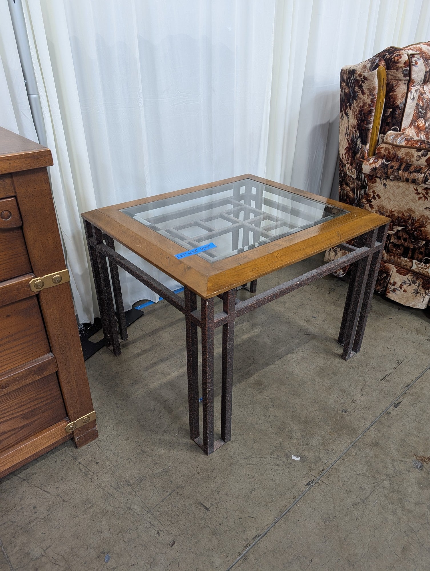 Square Wood and Metal End Table with Glass Top