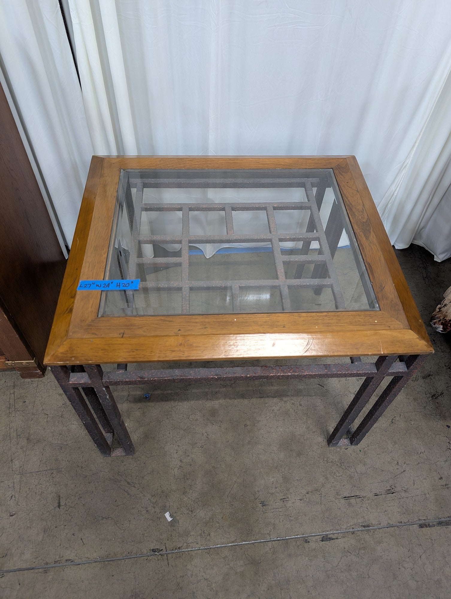 Square Wood and Metal End Table with Glass Top