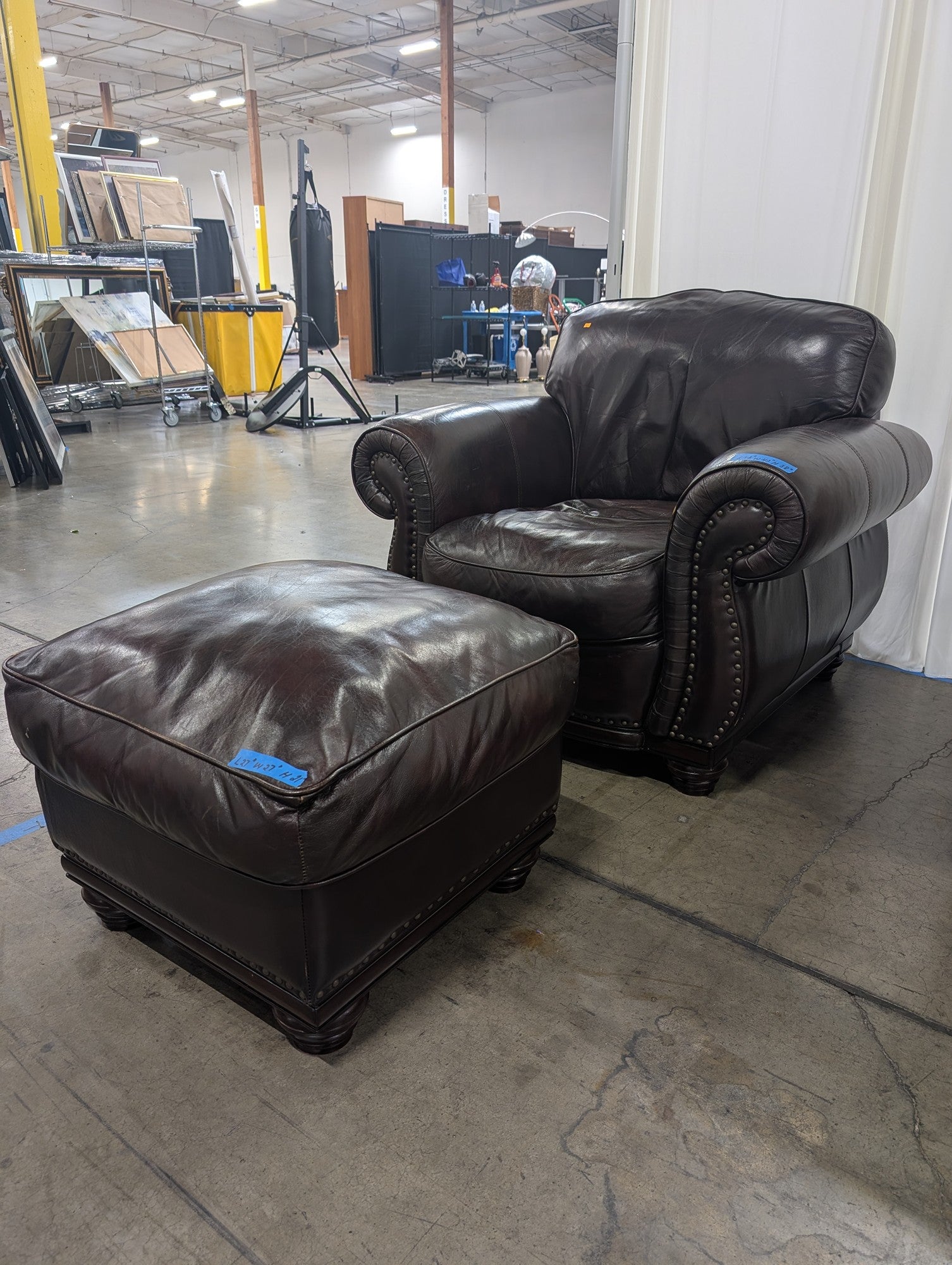 Dark Brown Leather Armchair and Ottoman with Nailhead Trim