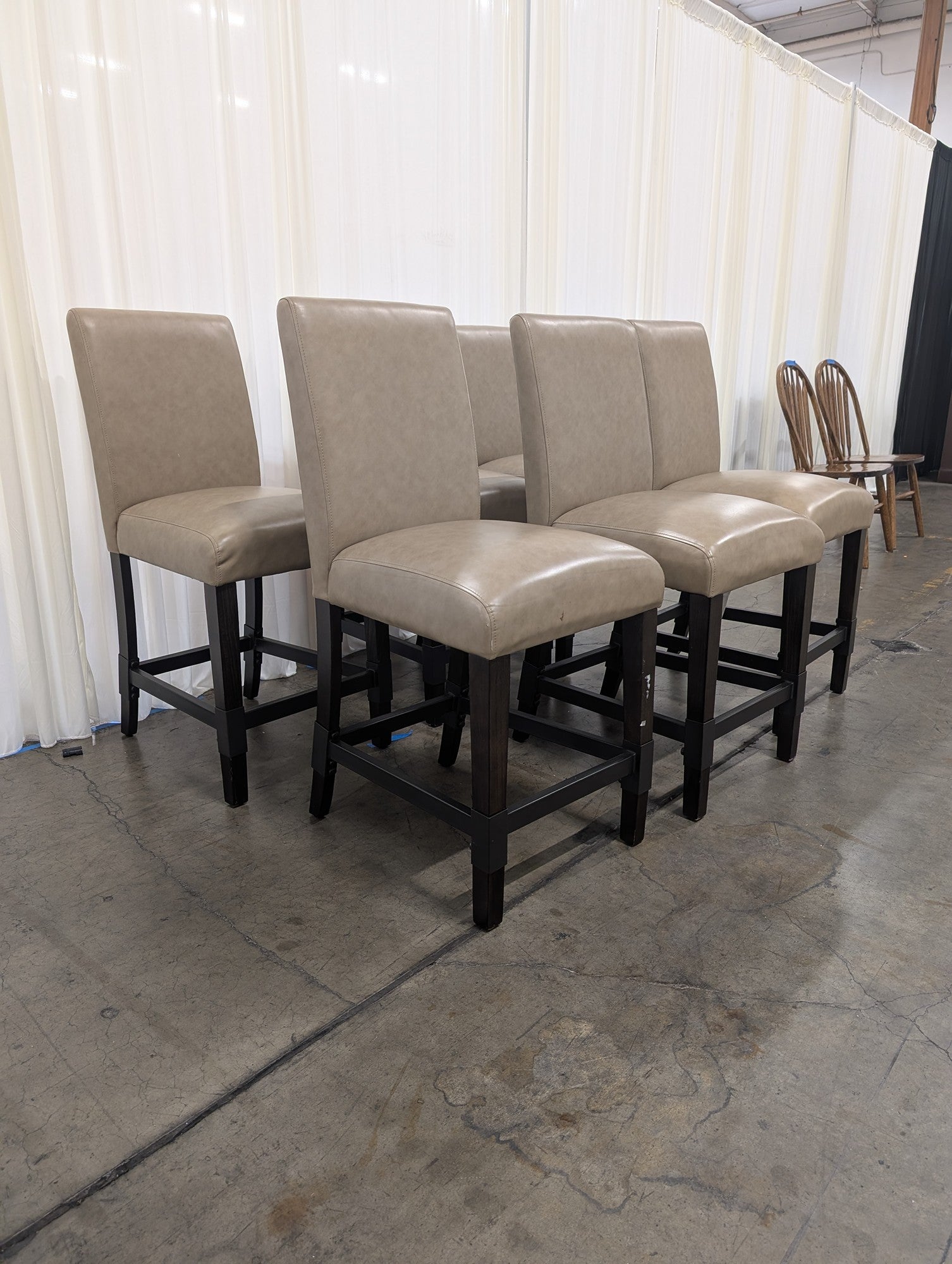 Set of Six Tan Upholstered Backrest Bar Stools