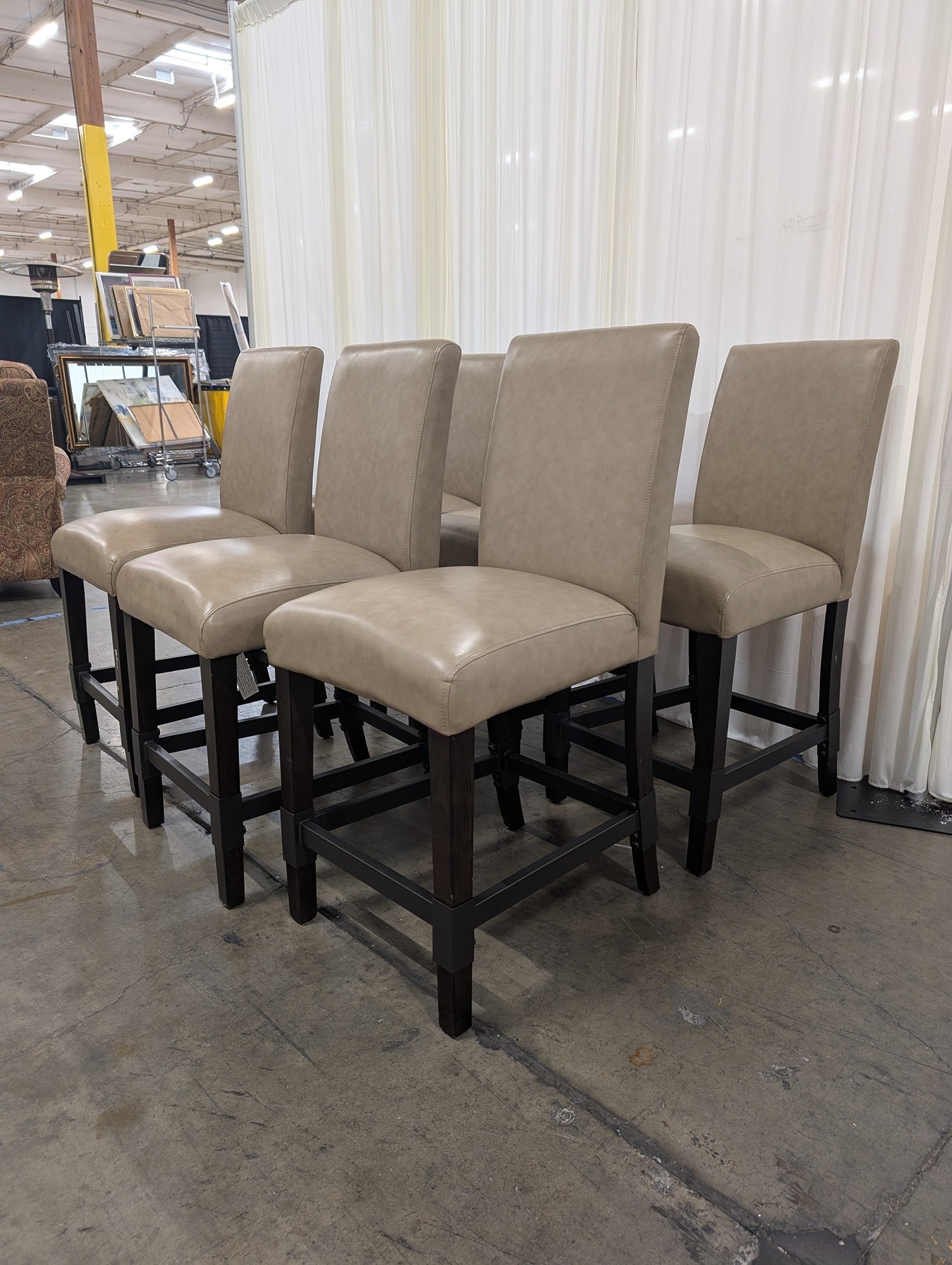 Set of Six Tan Upholstered Backrest Bar Stools