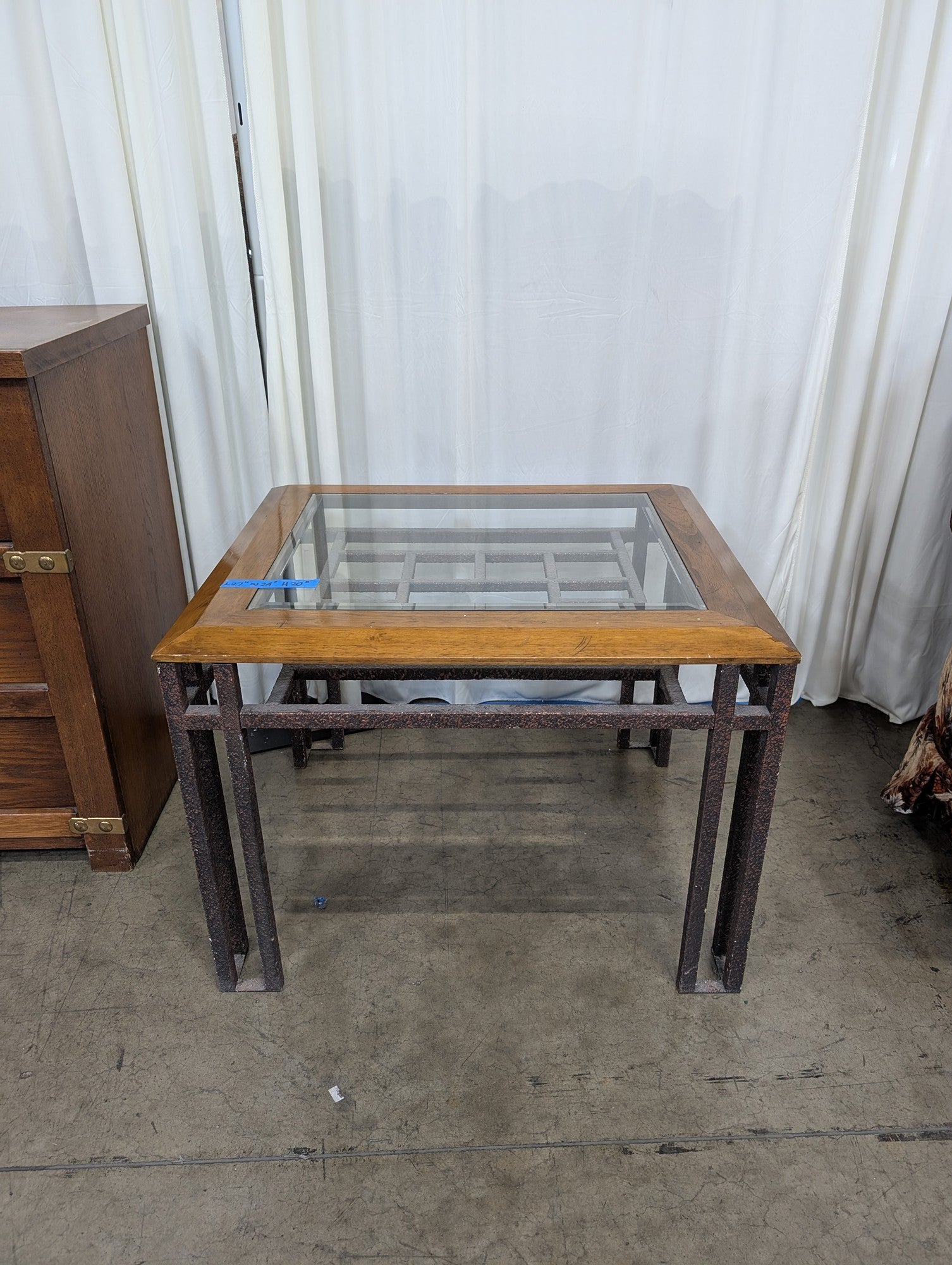 Square Wood and Metal End Table with Glass Top