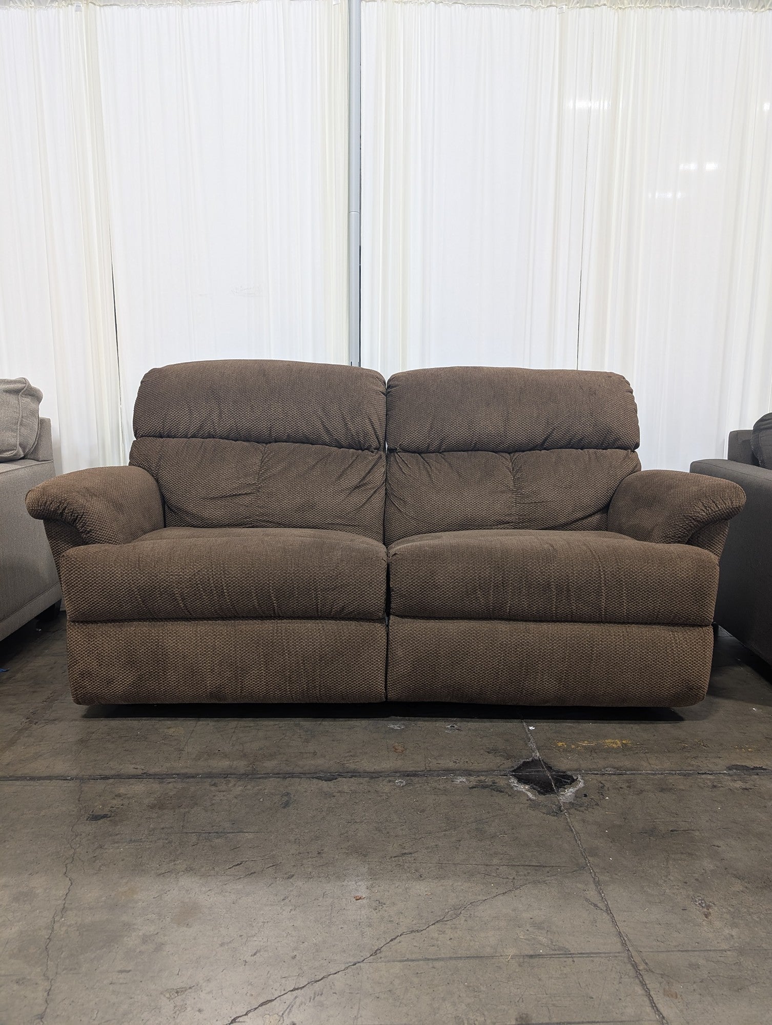 Brown Textured Fabric Reclining Couch with Padded Arms