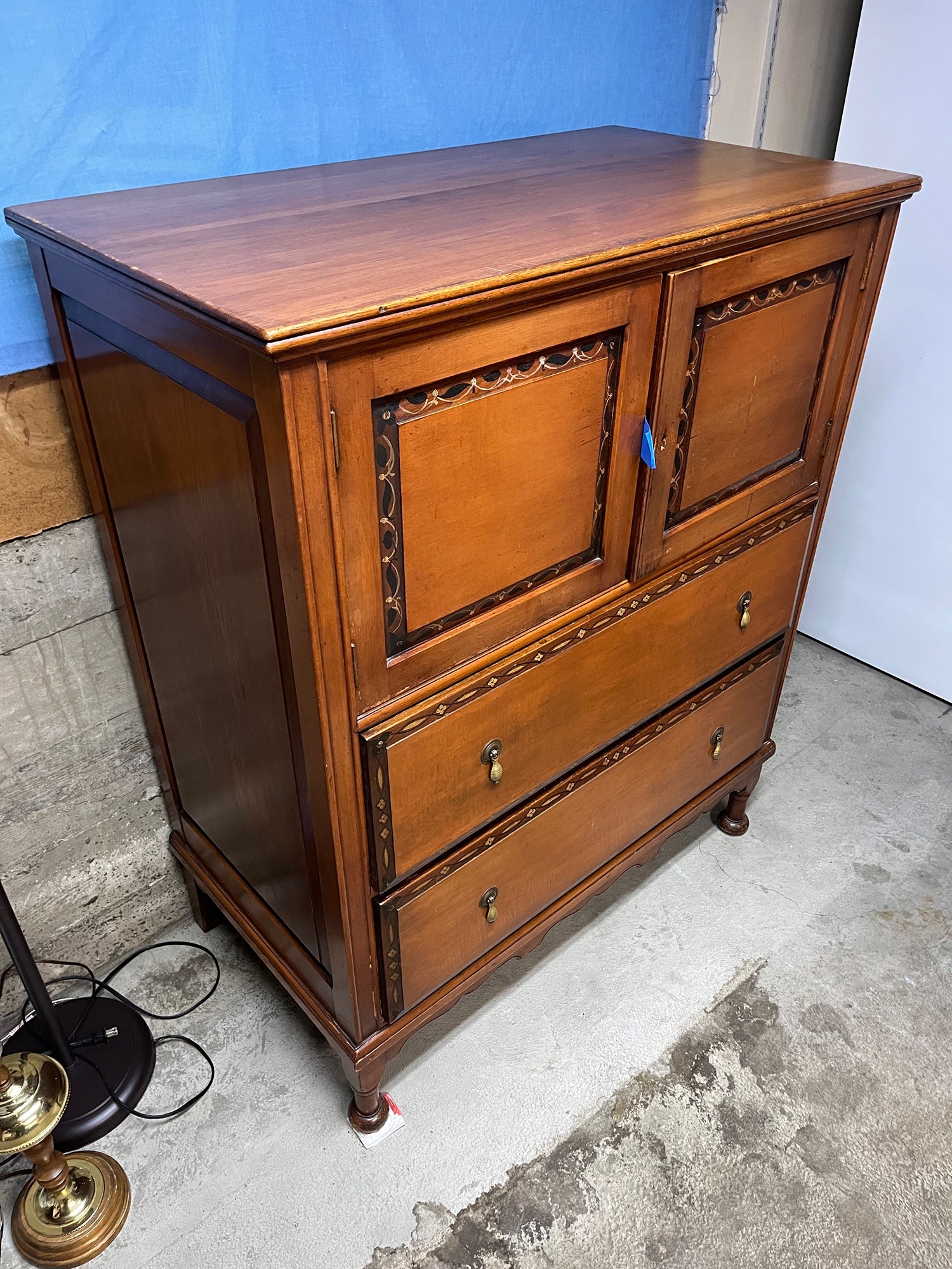 Traditional Cherry Tone Wood Armoire with Inlay