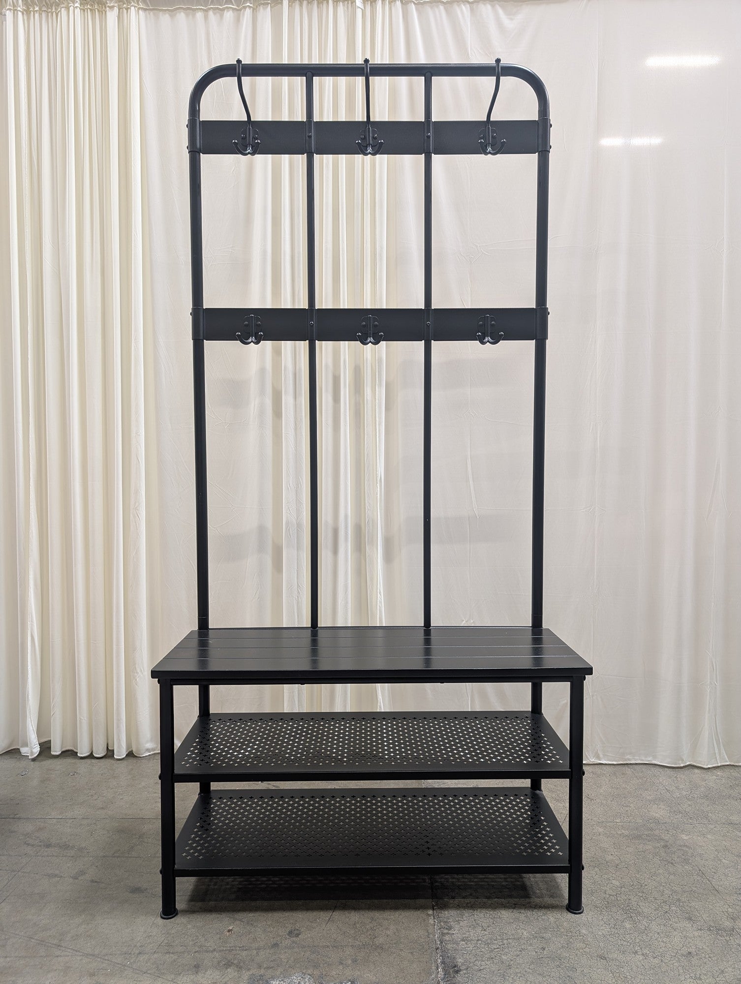 Black Metal Hall Tree with Bench and Shelves