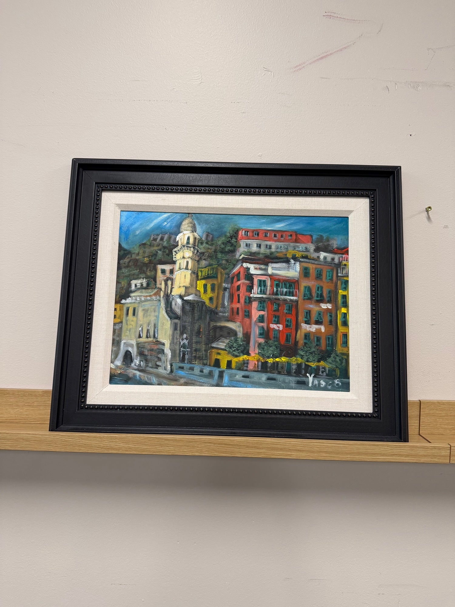 Vibrant European Cityscape Oil Painting in Custom Aaron Brothers Frame