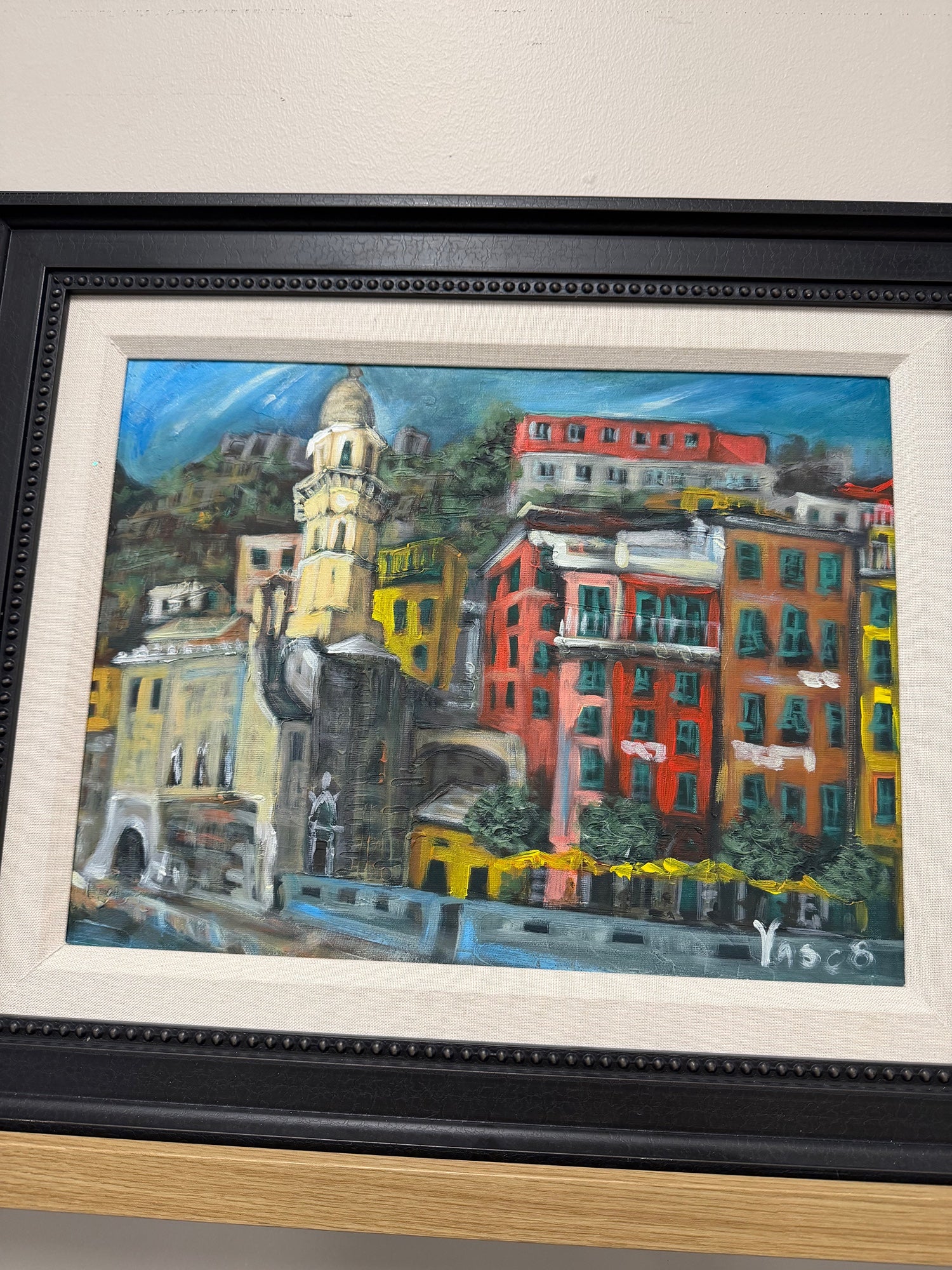 Vibrant European Cityscape Oil Painting in Custom Aaron Brothers Frame