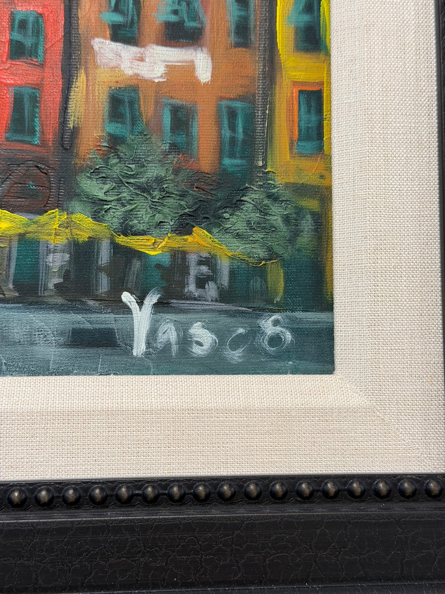 Vibrant European Cityscape Oil Painting in Custom Aaron Brothers Frame