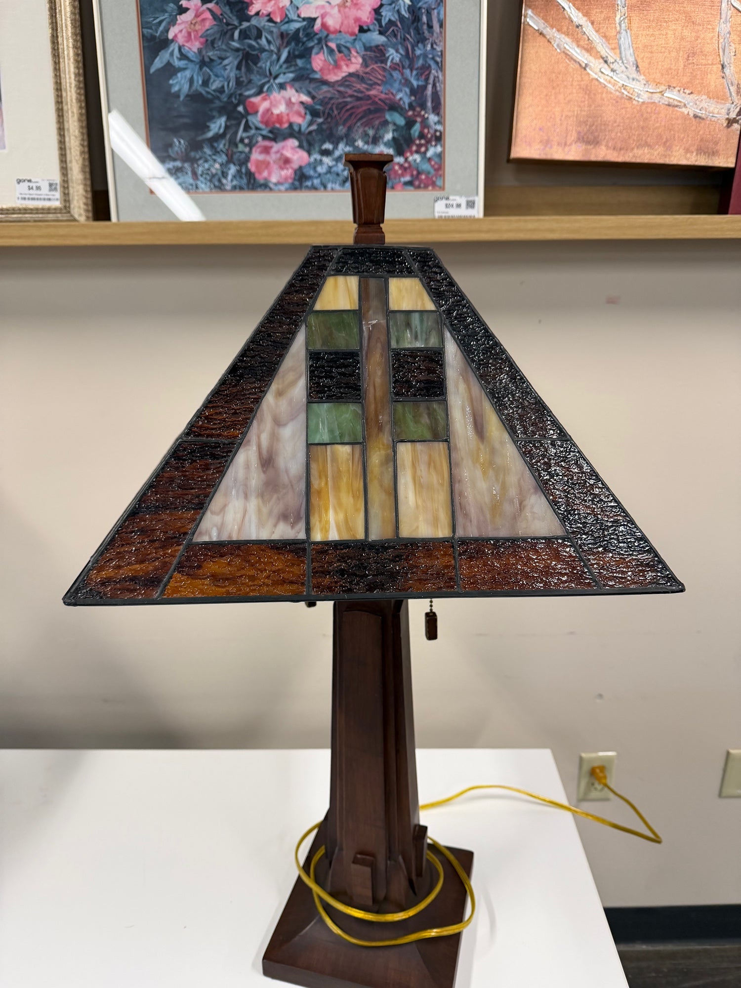 Mission Style Stained Glass Table Lamp with Tapered Wood Base