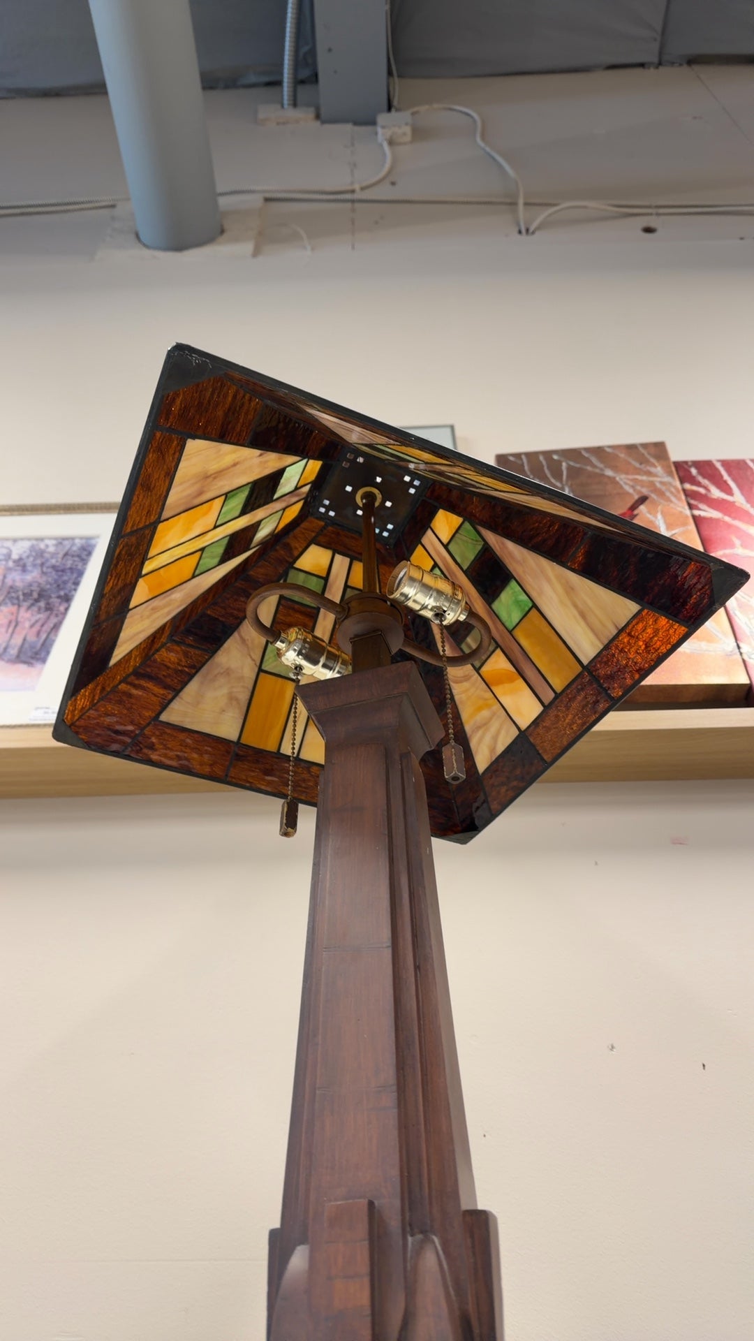 Mission Style Stained Glass Table Lamp with Tapered Wood Base