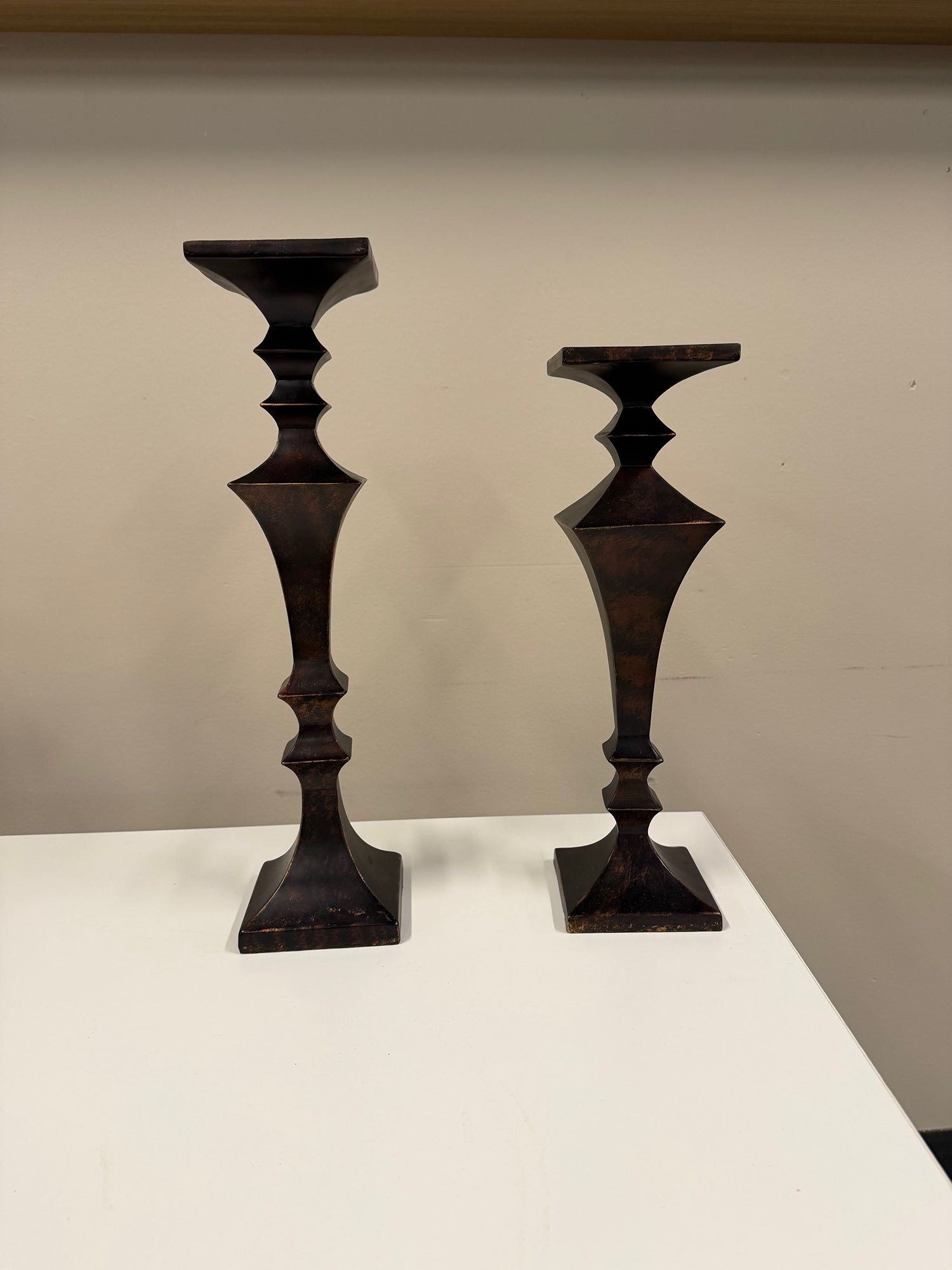 Pair of Distressed Bronze Geometric Pillar Candle Holder