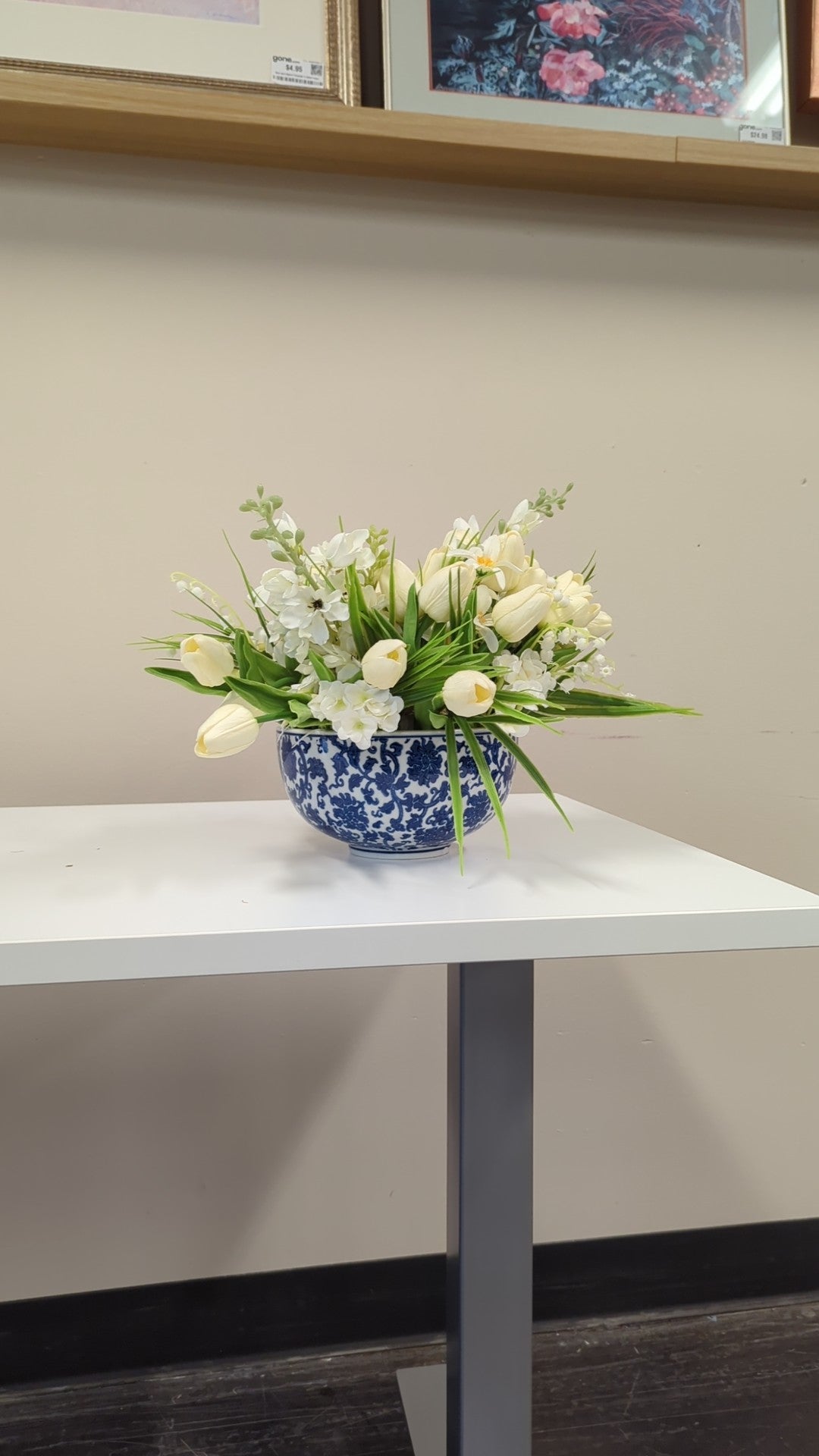 Chinoiserie Blue and White Ceramic Bowl with White Faux Floral Arrangement