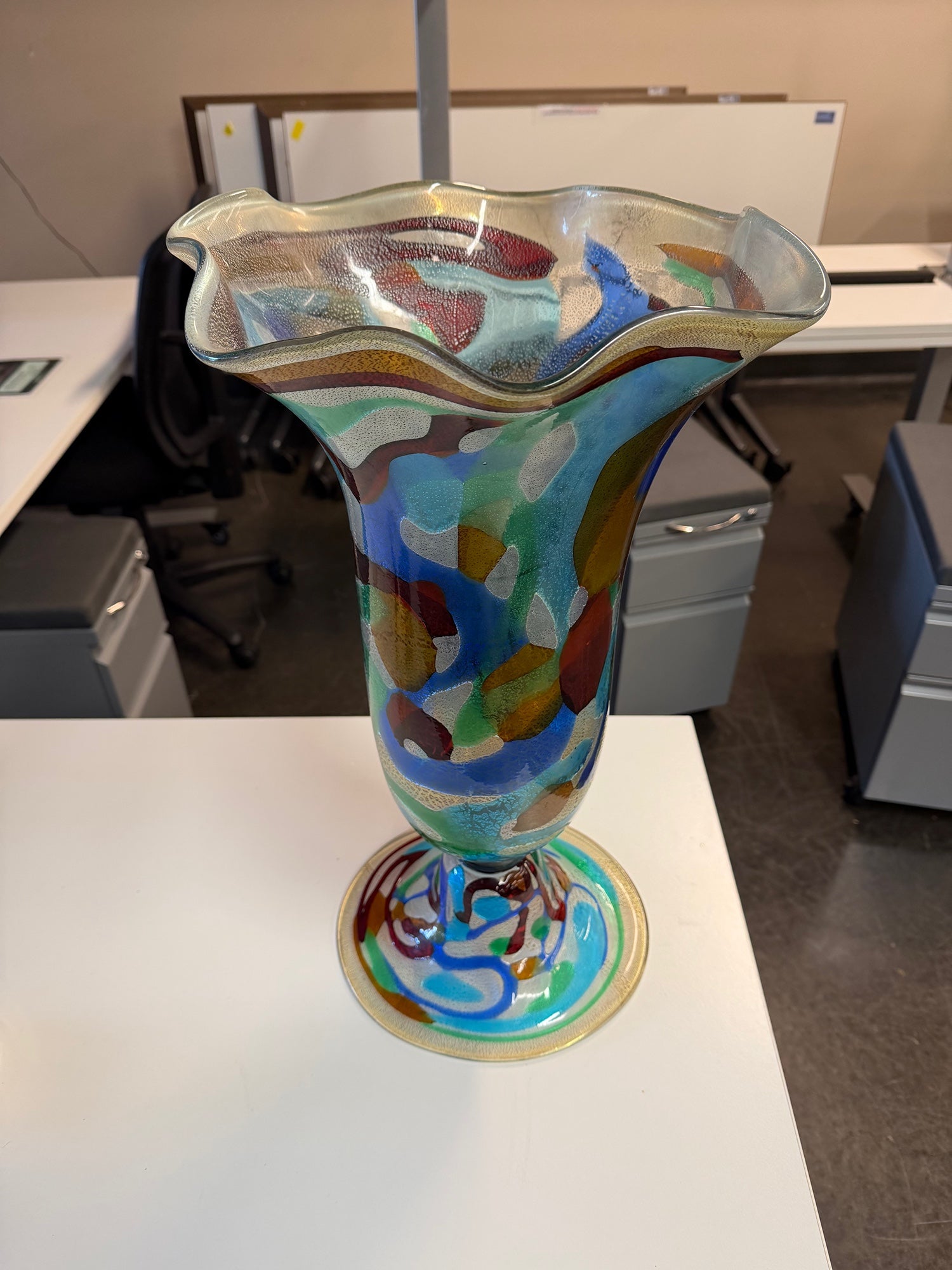 Vibrant Multi-Color Art Glass Pedestal Vase with Flared Rim