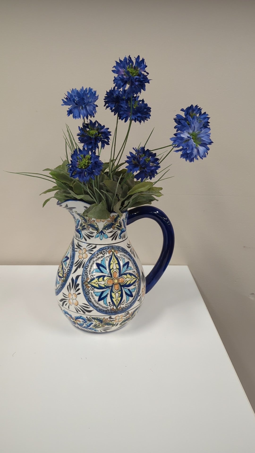 J. Godinger & Co. Hand-Painted Mediterranean Style Ceramic Pitcher Vase