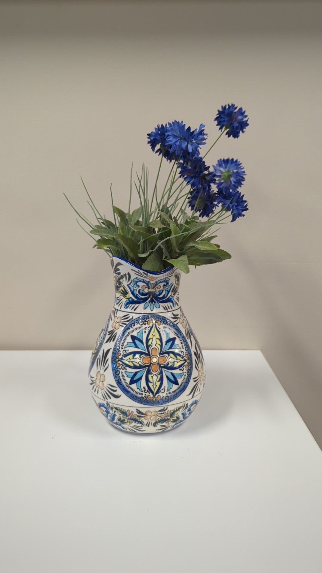 J. Godinger & Co. Hand-Painted Mediterranean Style Ceramic Pitcher Vase