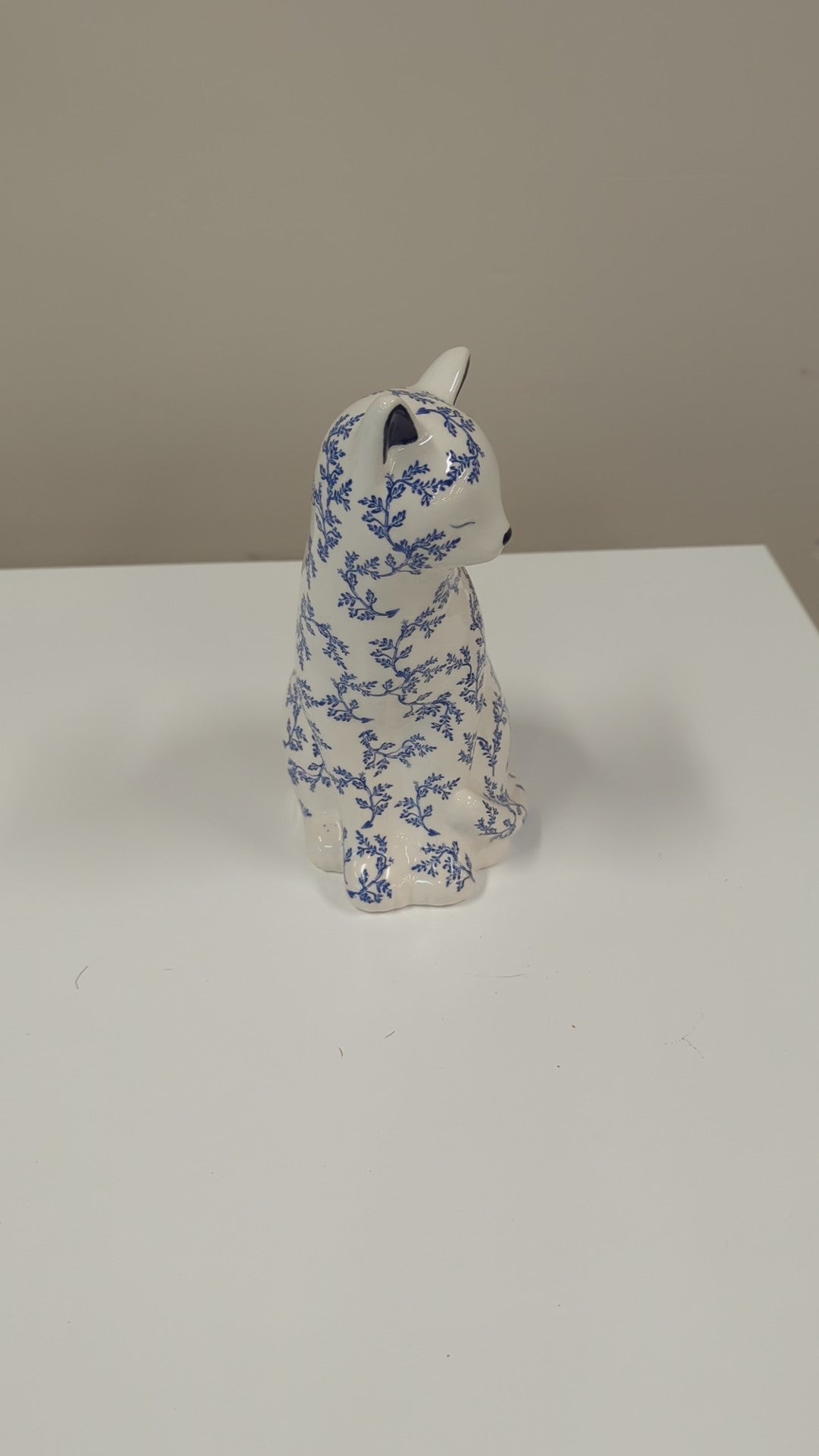 Charming Blue and White Floral Porcelain Cat Figurine