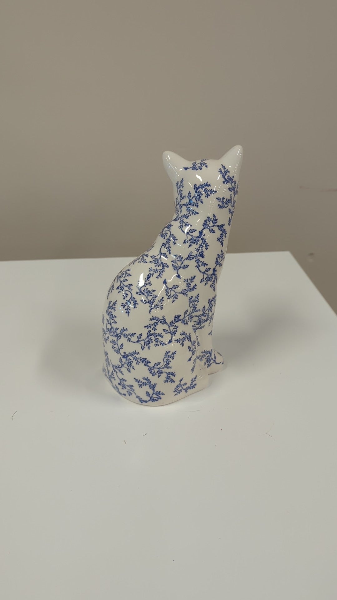 Charming Blue and White Floral Porcelain Cat Figurine